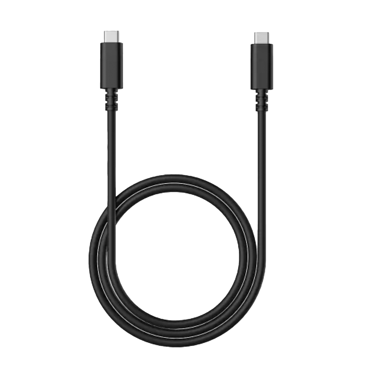 Cable USB-C negro, enrollado sobre un fondo blanco.