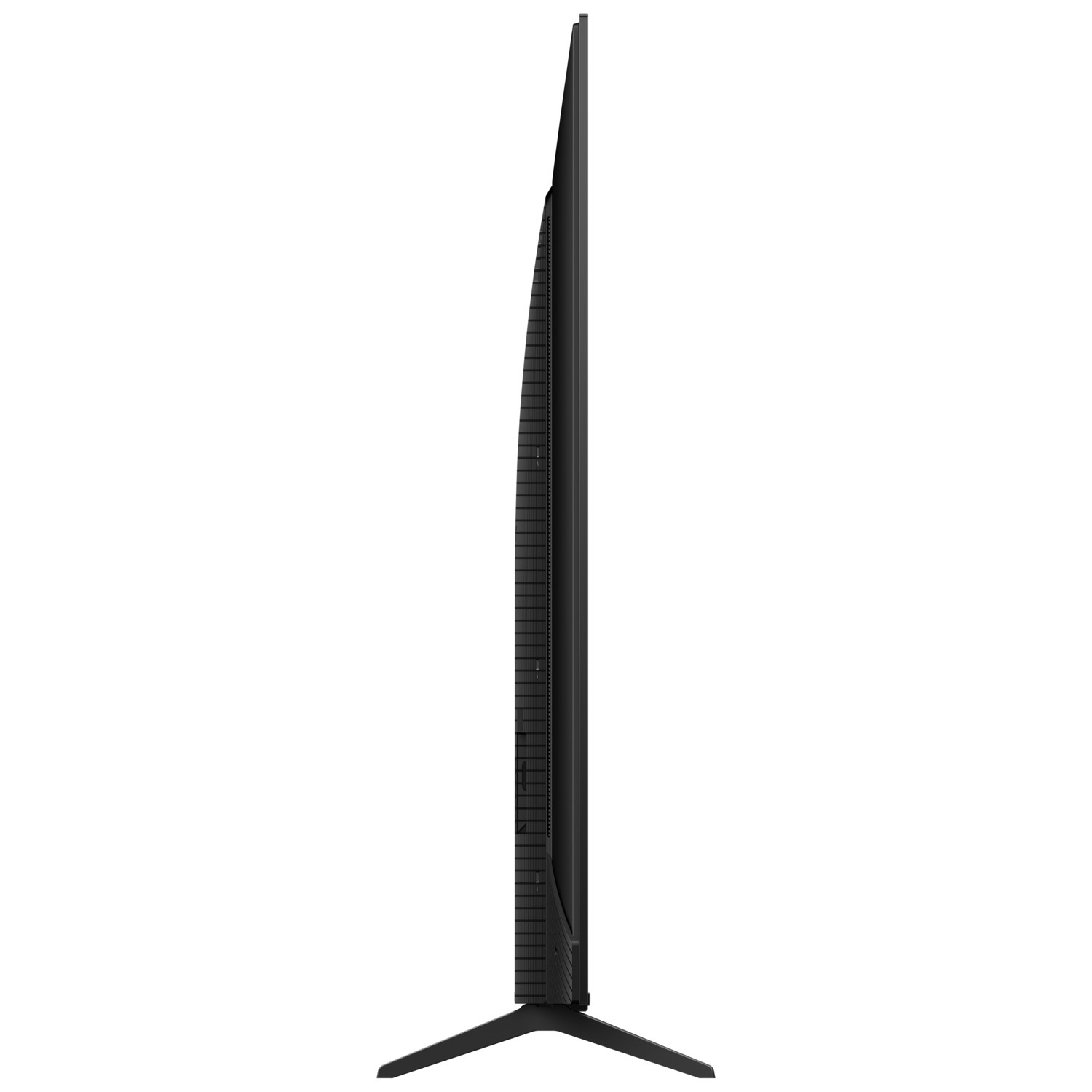 A side view of a black TV, showing its slim profile and stand.