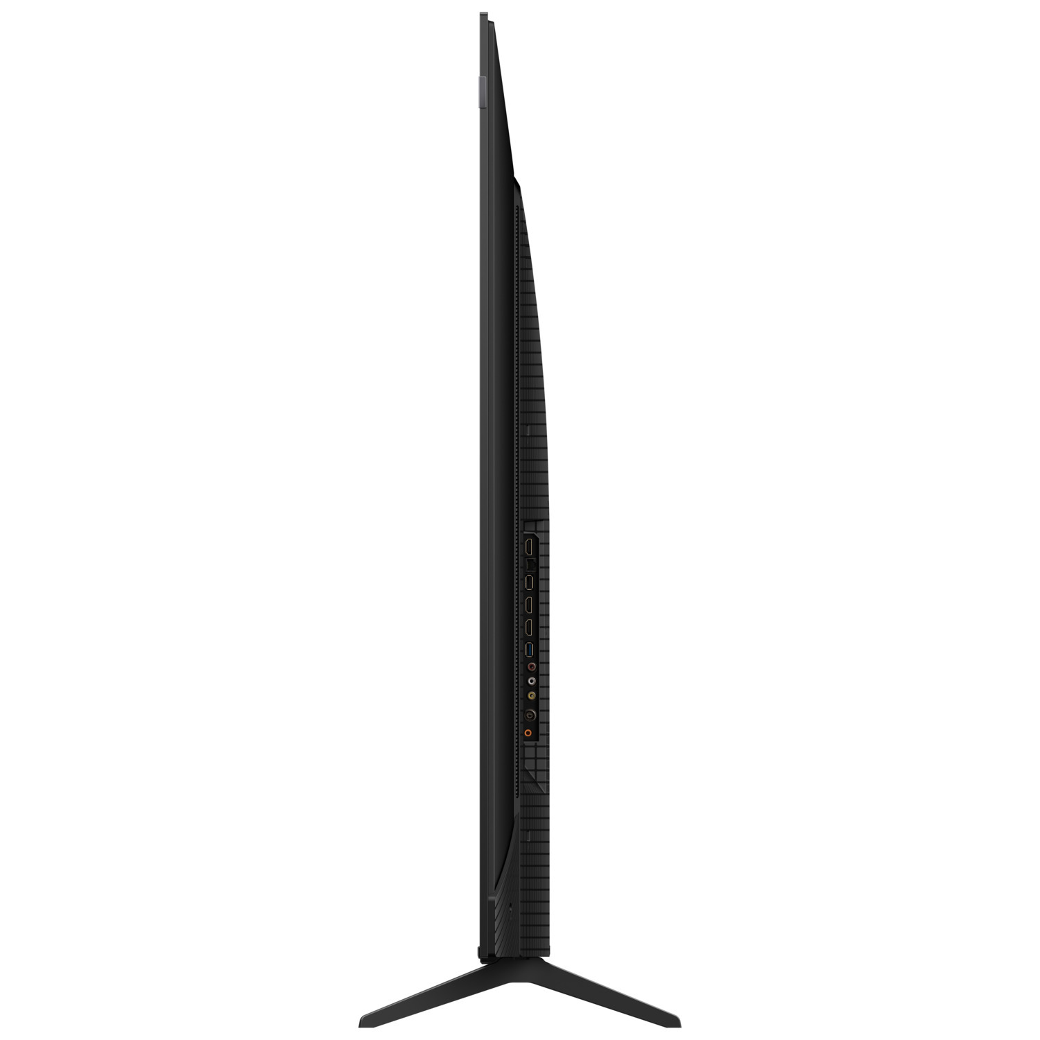 Side view of a black TV with ports.