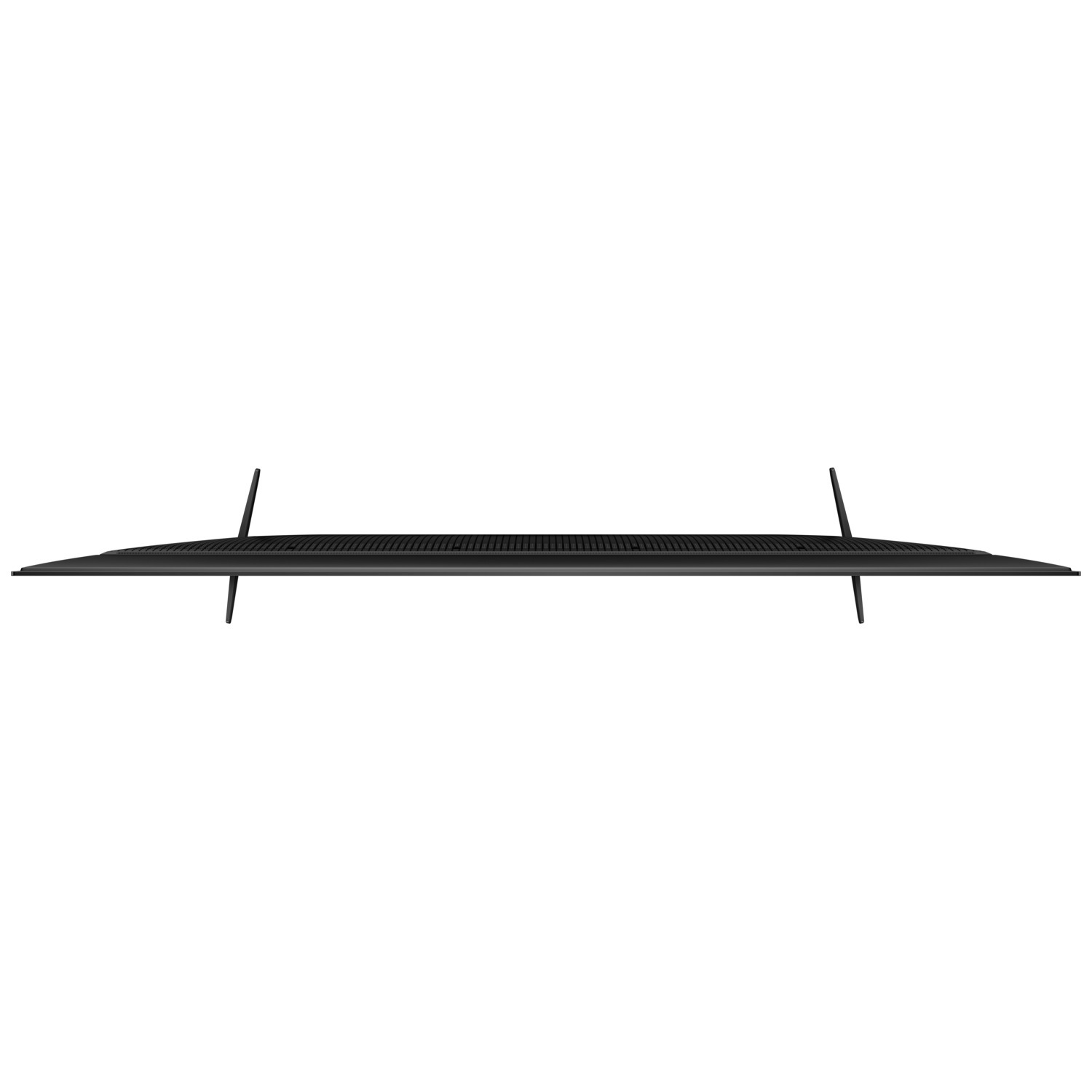 Top view of a black TV with thin legs, isolated on white.