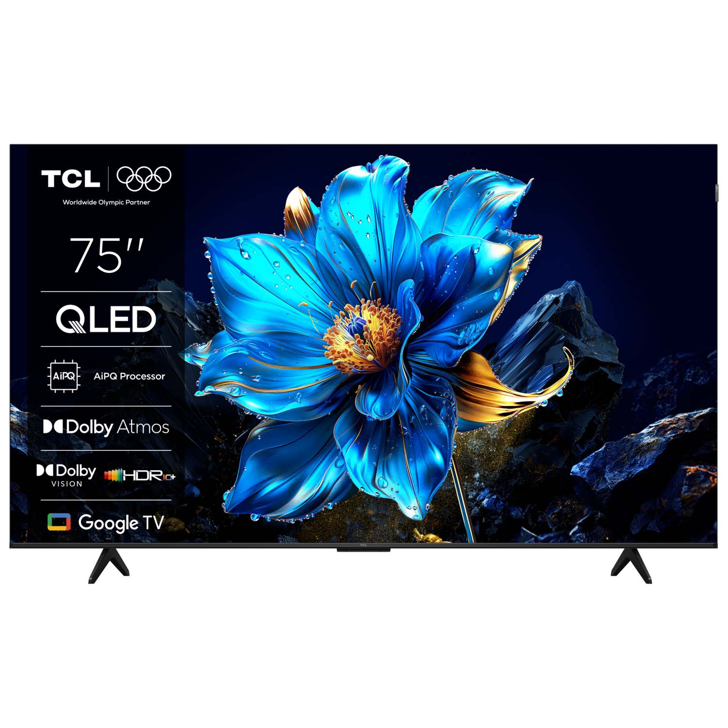 75 inch QLED TV with a blue flower on the screen. It has a TCL logo and Dolby Atmos and Vision logos.
