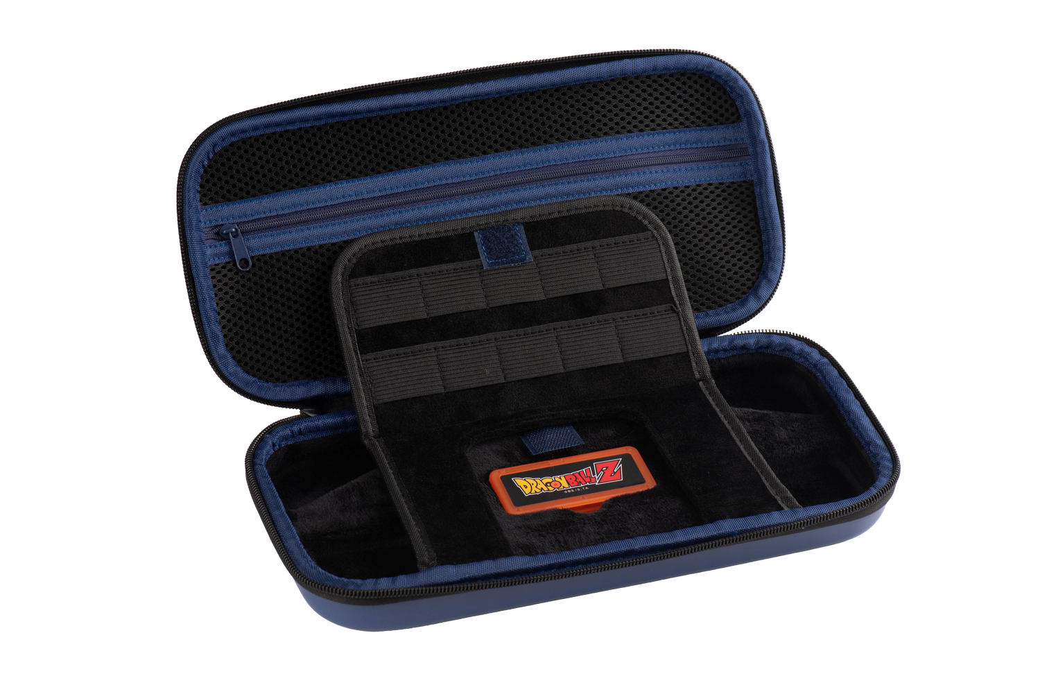 Una funda azul y negra de Dragon Ball Z, abierta. Dentro, un compartimento y un logo de Dragon Ball Z.