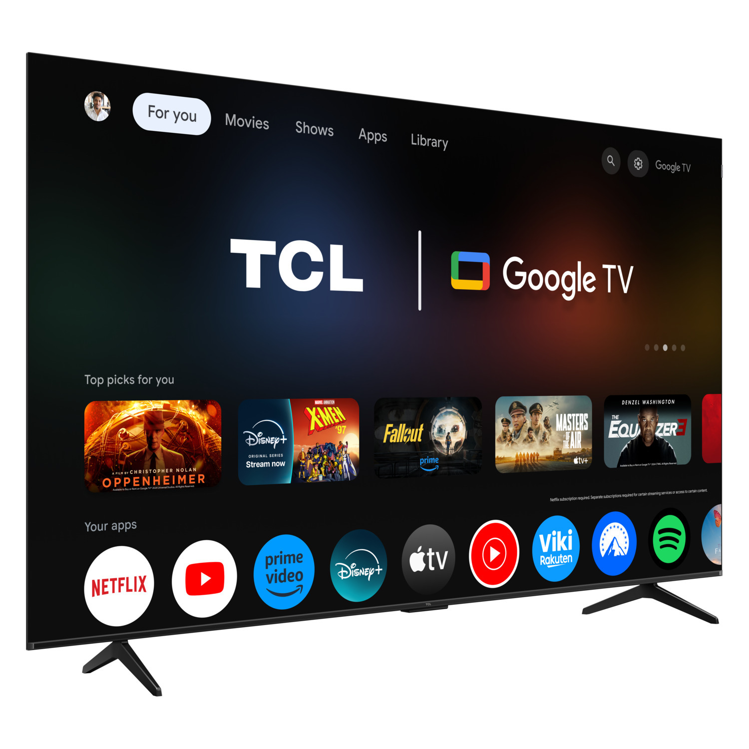 TV screen displays apps like Netflix, Prime Video, and Disney+.