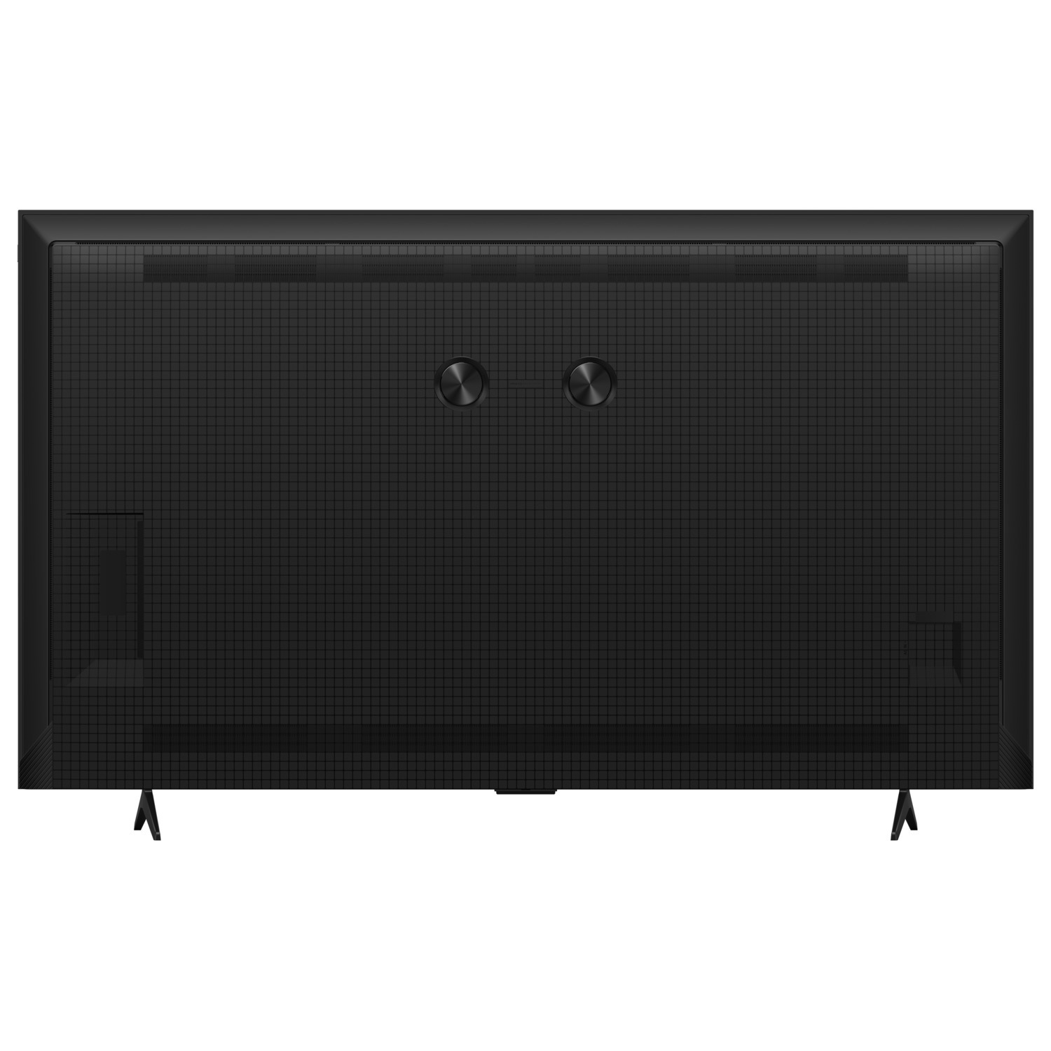 The back of a black TV, with two connection points.