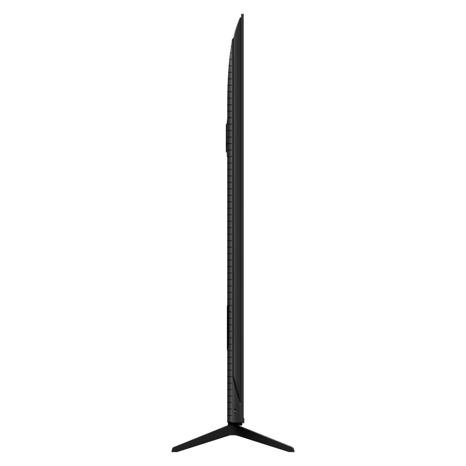A side view of a black TV on a stand. It has a thin profile.