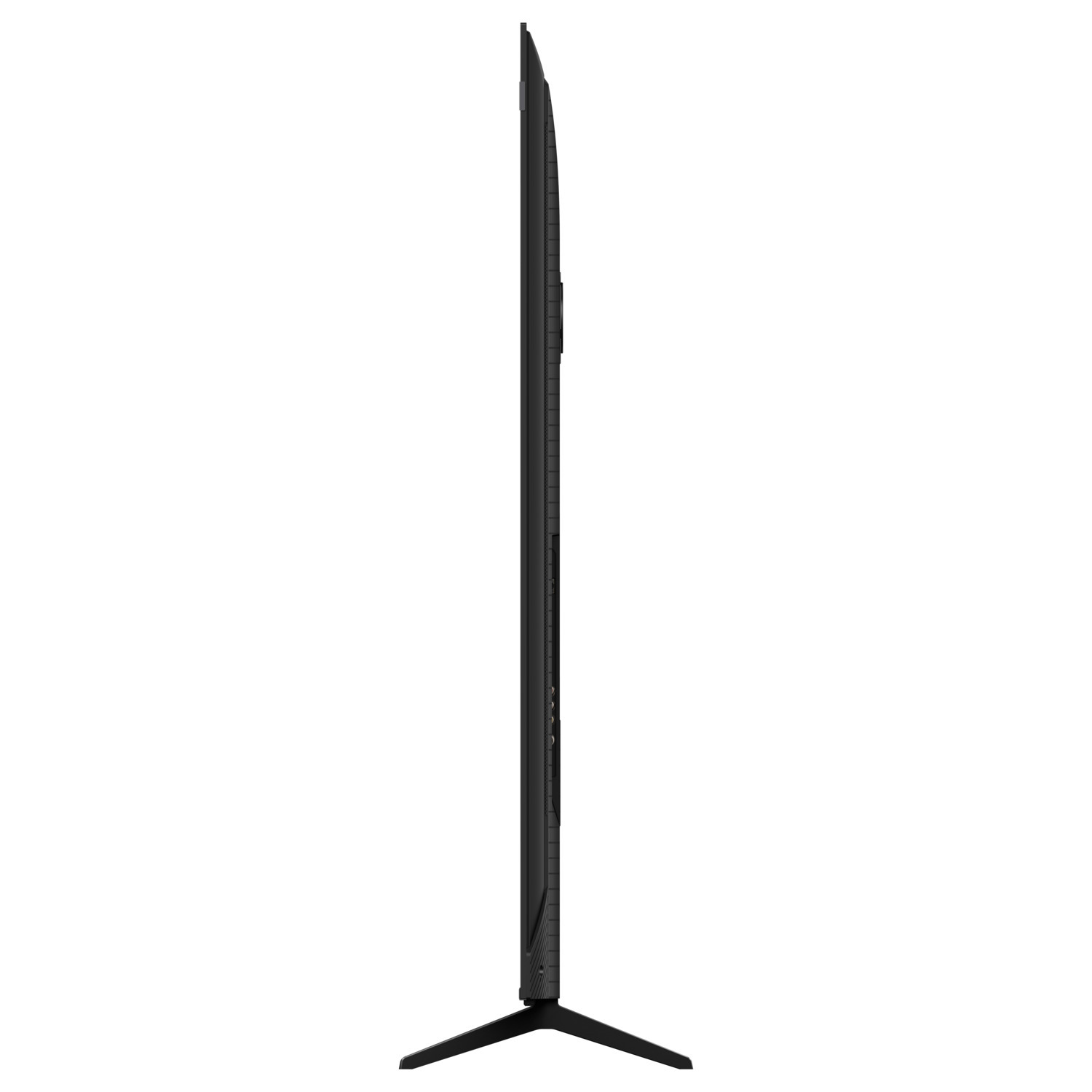 Black TV from the side, with a stand.
