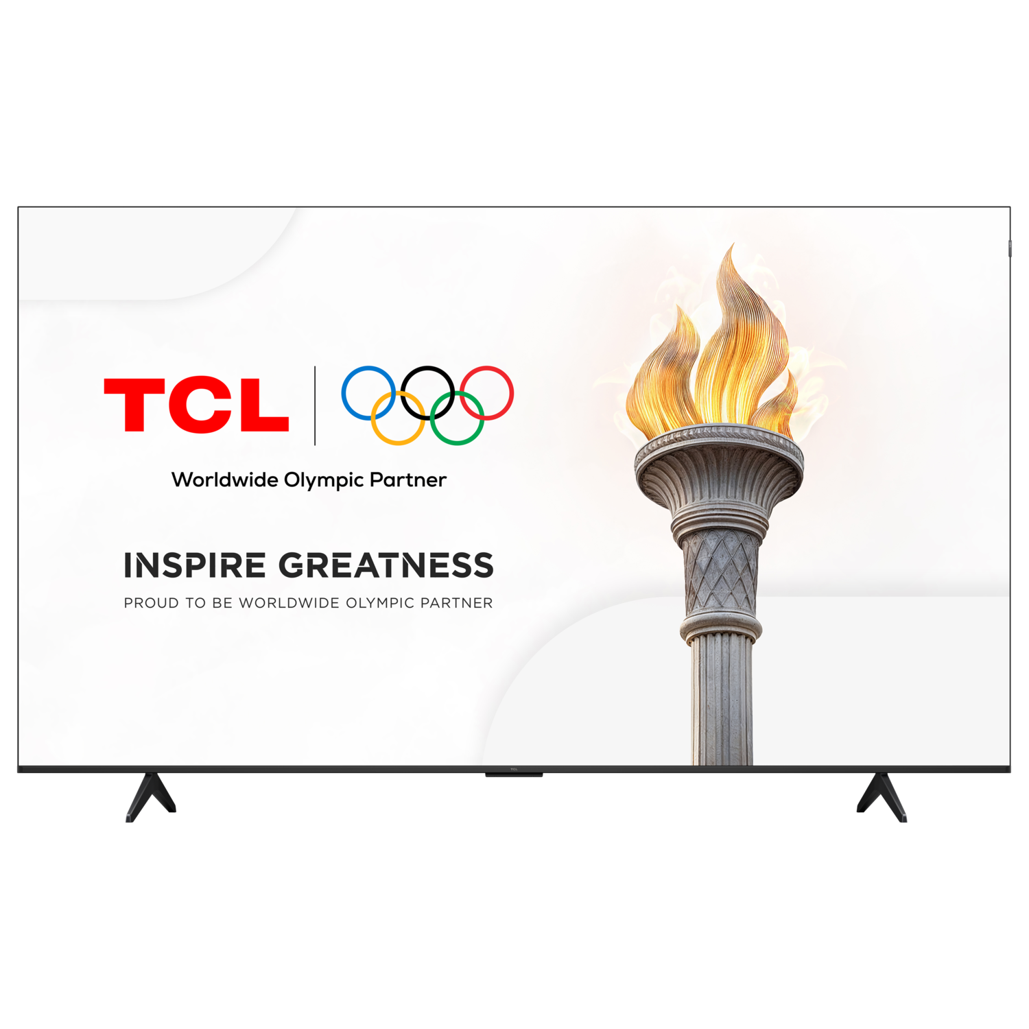 A TCL TV screen with the Olympic rings and flame. Text reads: INSPIRE GREATNESS. A black TV stand.