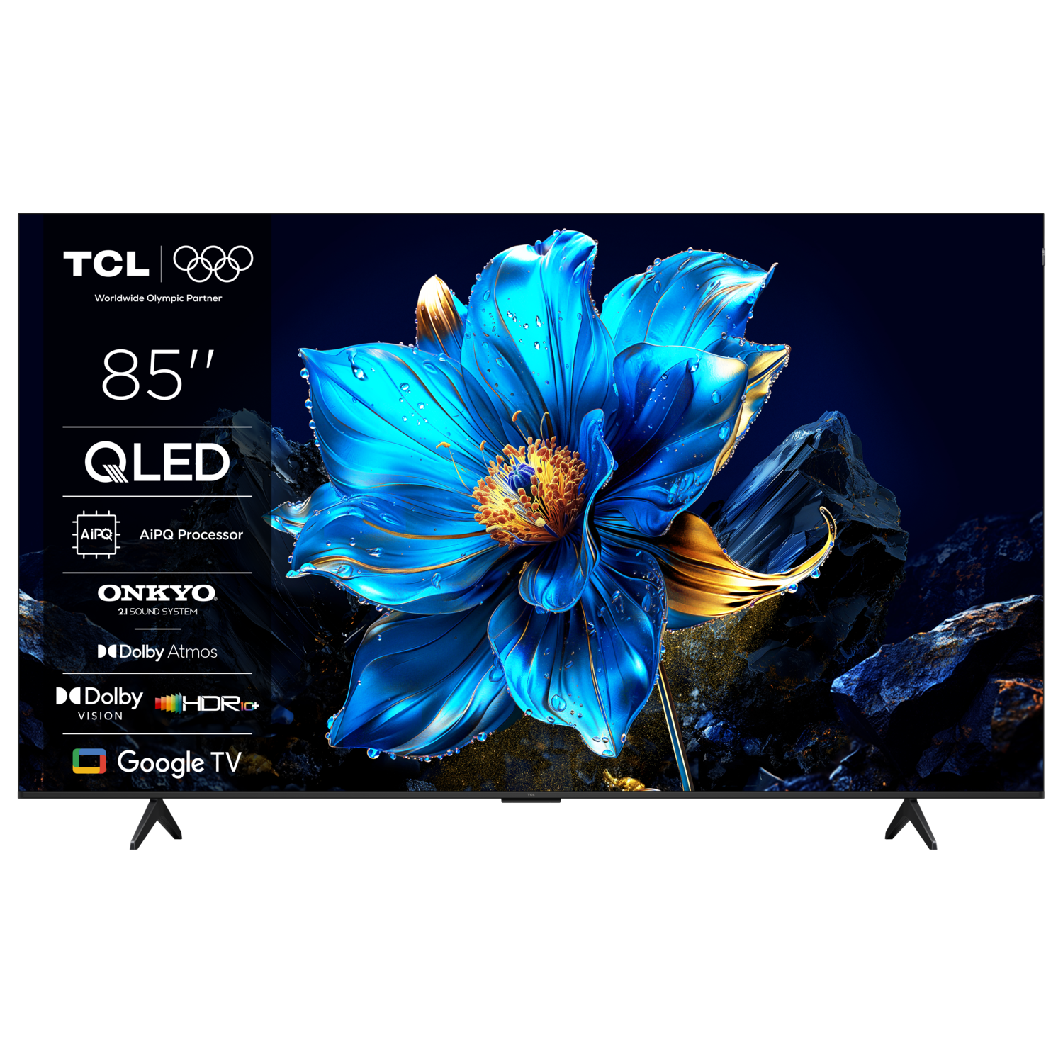 TCL 85" QLED TV, with a vibrant blue flower image, Onkyo sound system, and Google TV.