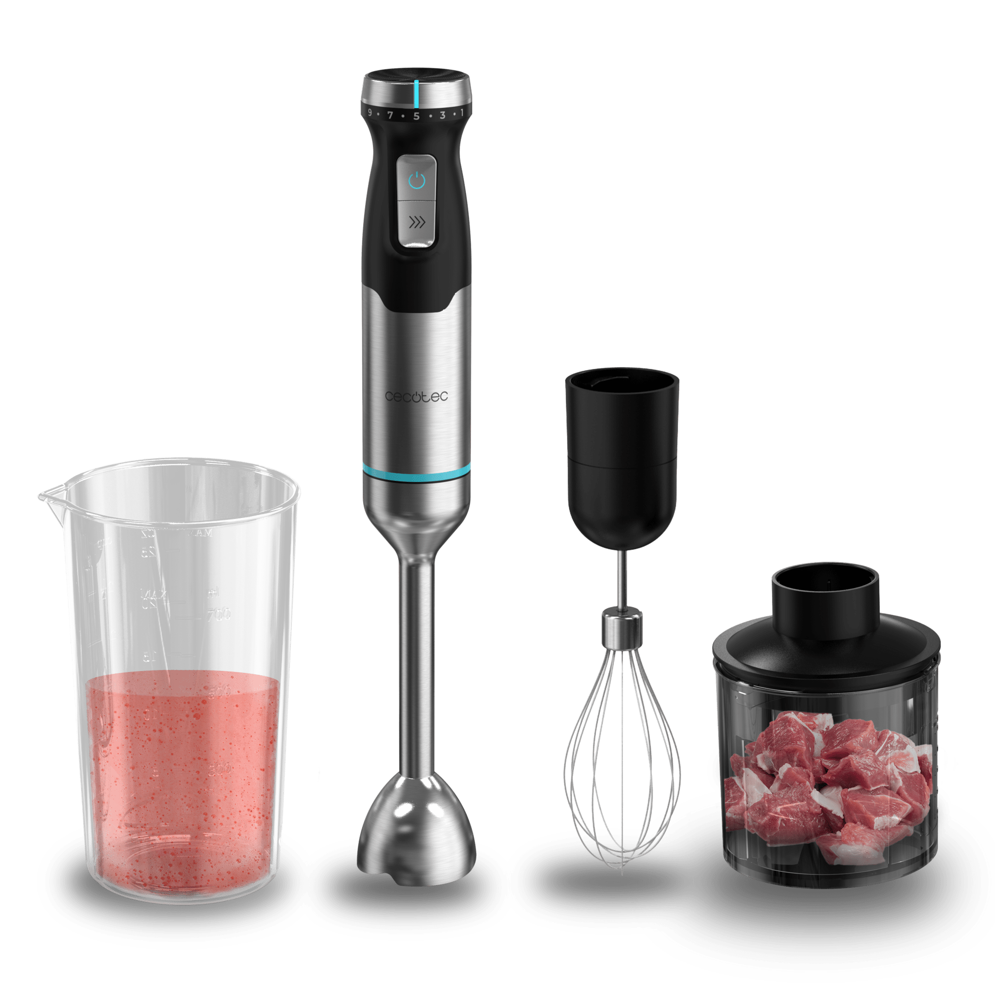 Licuadora con accesorios, una taza medidora con líquido rosa y un recipiente con carne.