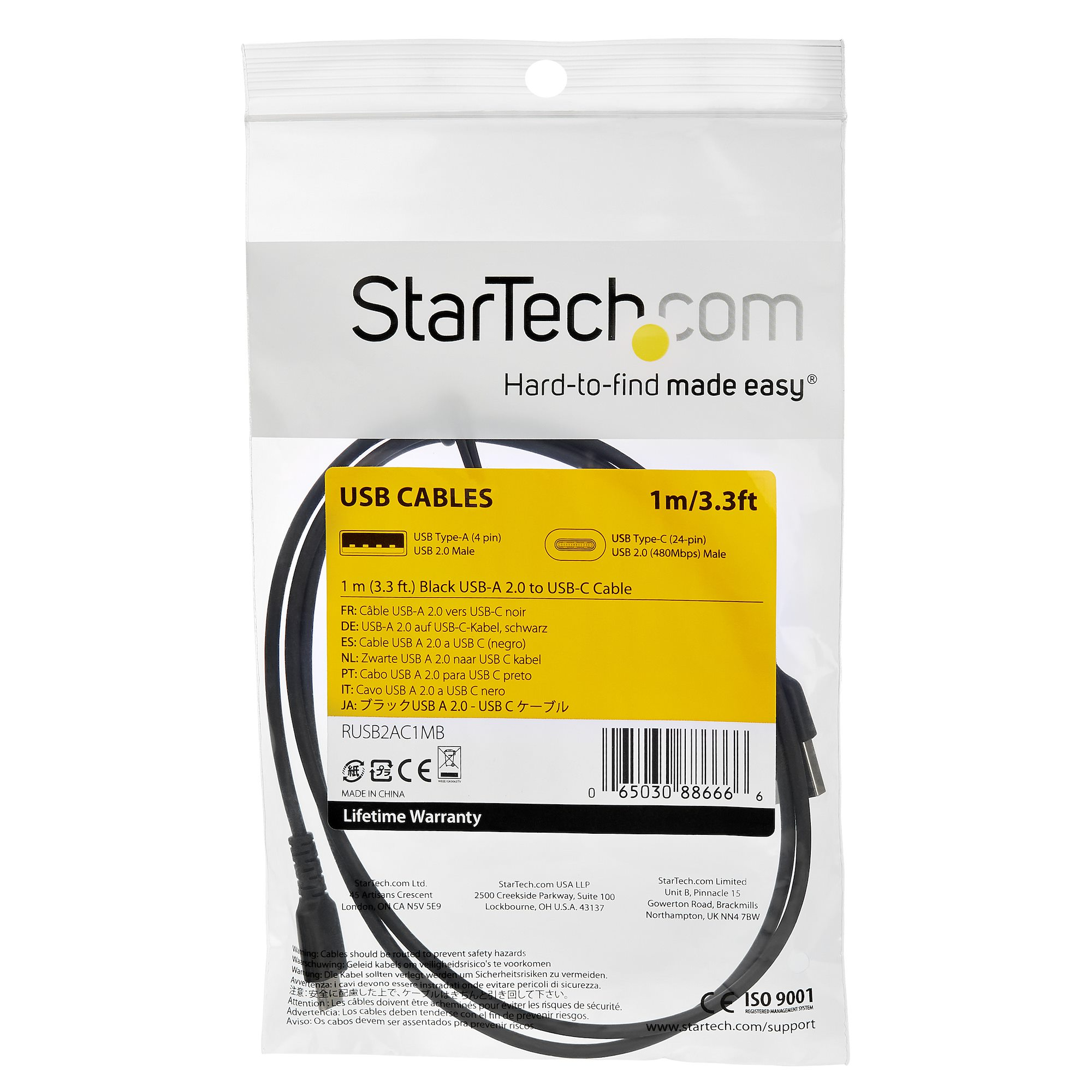 StarTech USB-A – USB-C kábel átlátszó műanyag csomagolásban, fekete kábel látható.
