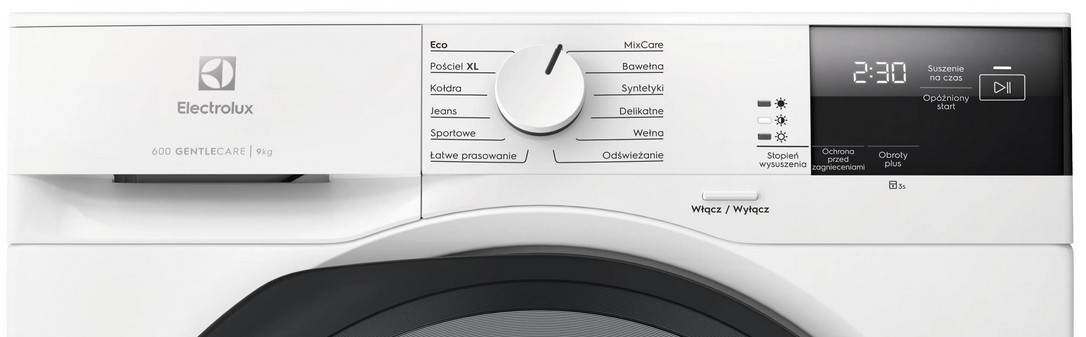 Zbliżenie białego panelu sterowania pralki z tekstem i wyświetlaczem.