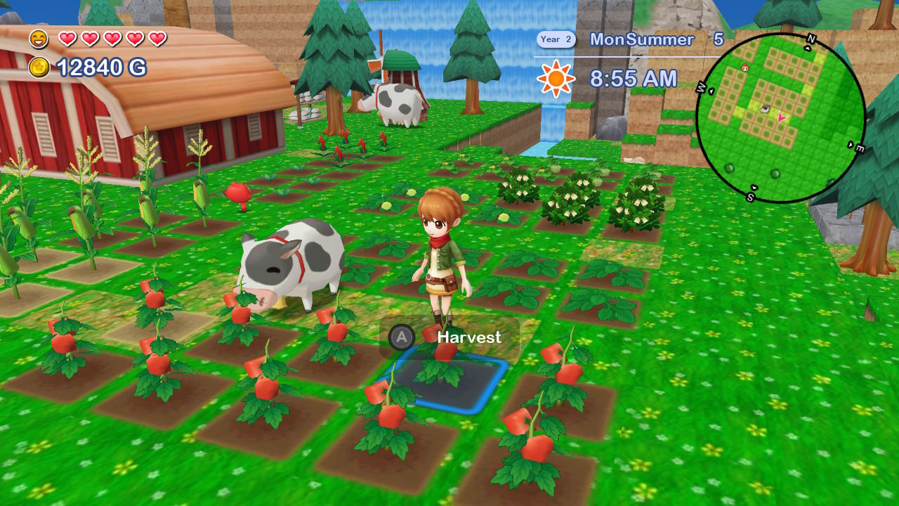 Eine Spielszene mit einem Charakter, der Tomaten auf einem Bauernhof erntet.