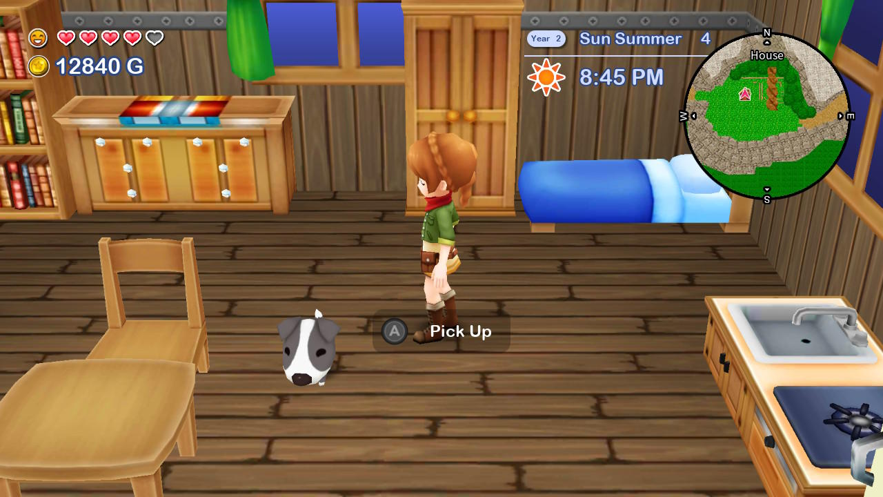 Screenshot: Figur hebt Hund in Holzhaus auf. Spielszene.