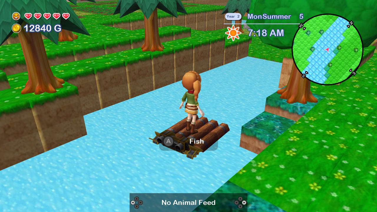 Eine Cartoon-Figur steht auf einem Floß in einem Fluss, umgeben von grünen Ufern.