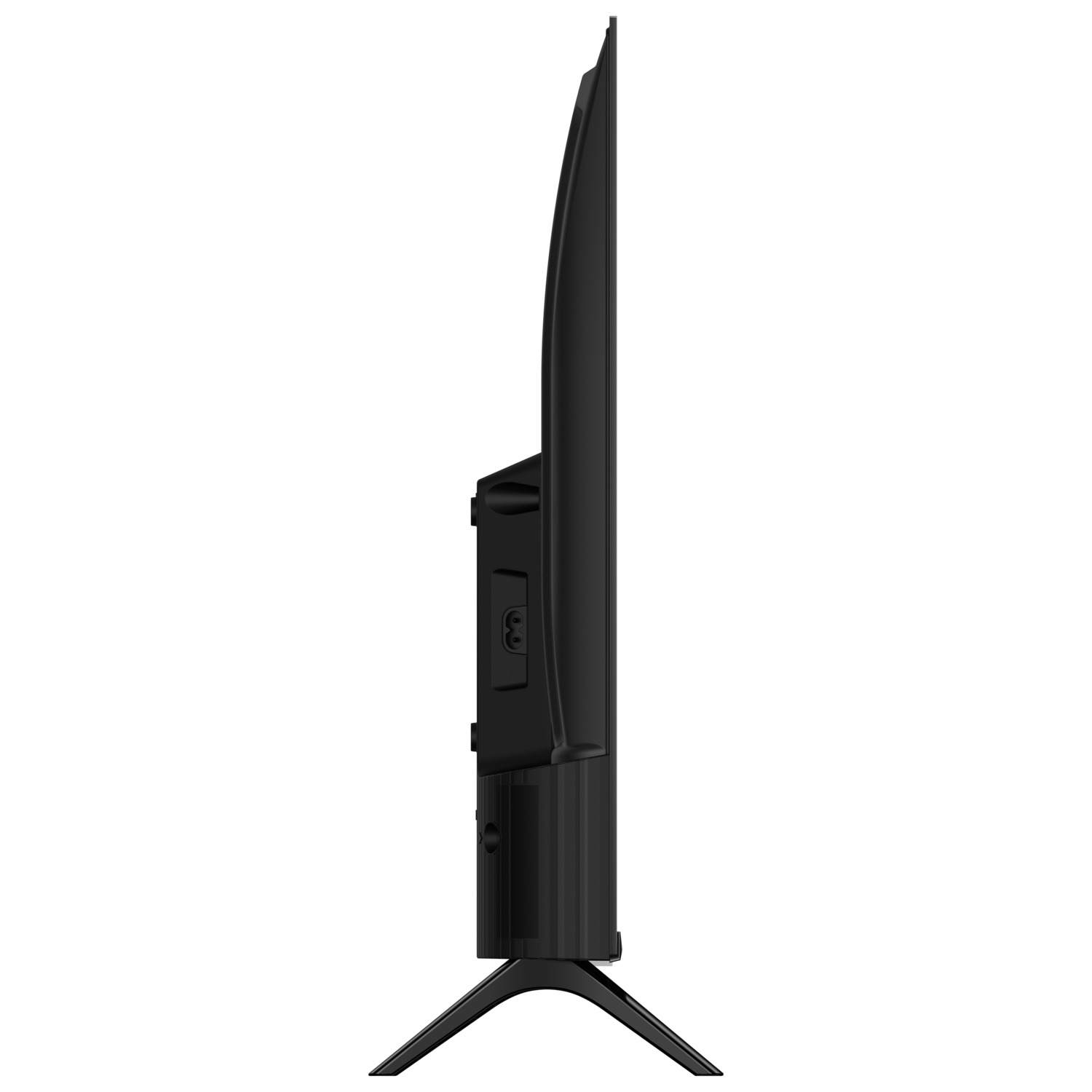 Vue latérale d'une TV noire avec pied. Montre les ports et l'arrière.