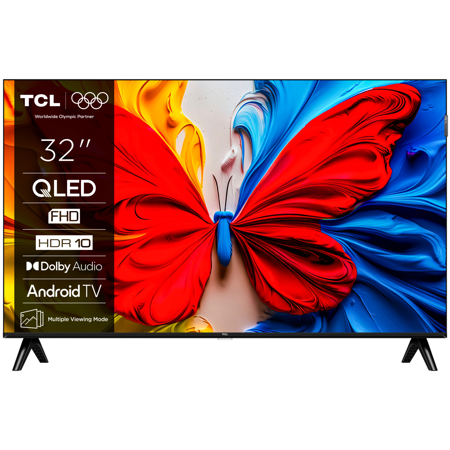 Un téléviseur TCL QLED de 32" affichant une image de papillon colorée, avec les détails du produit.