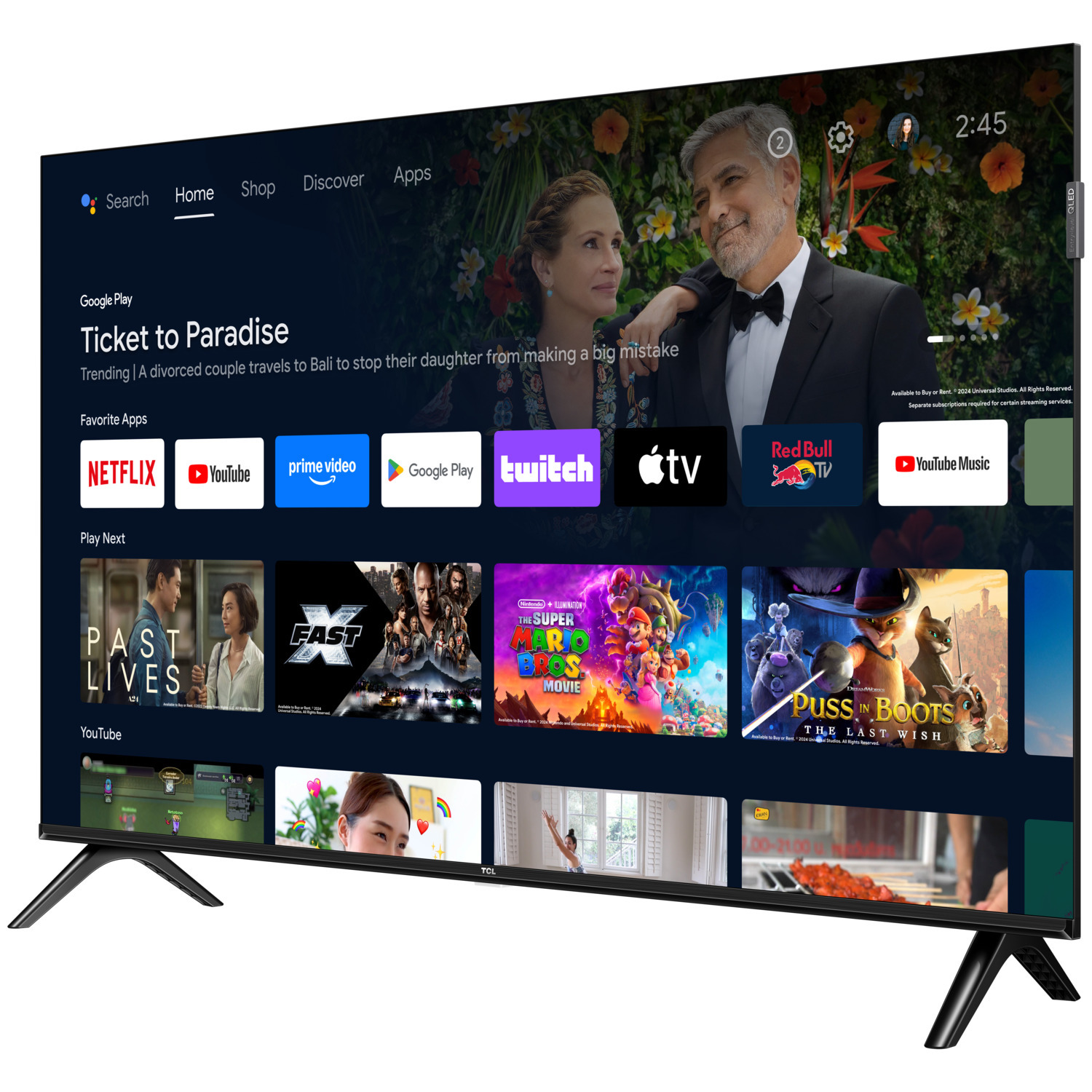 TV affichant des applications de streaming et des films, avec George Clooney.