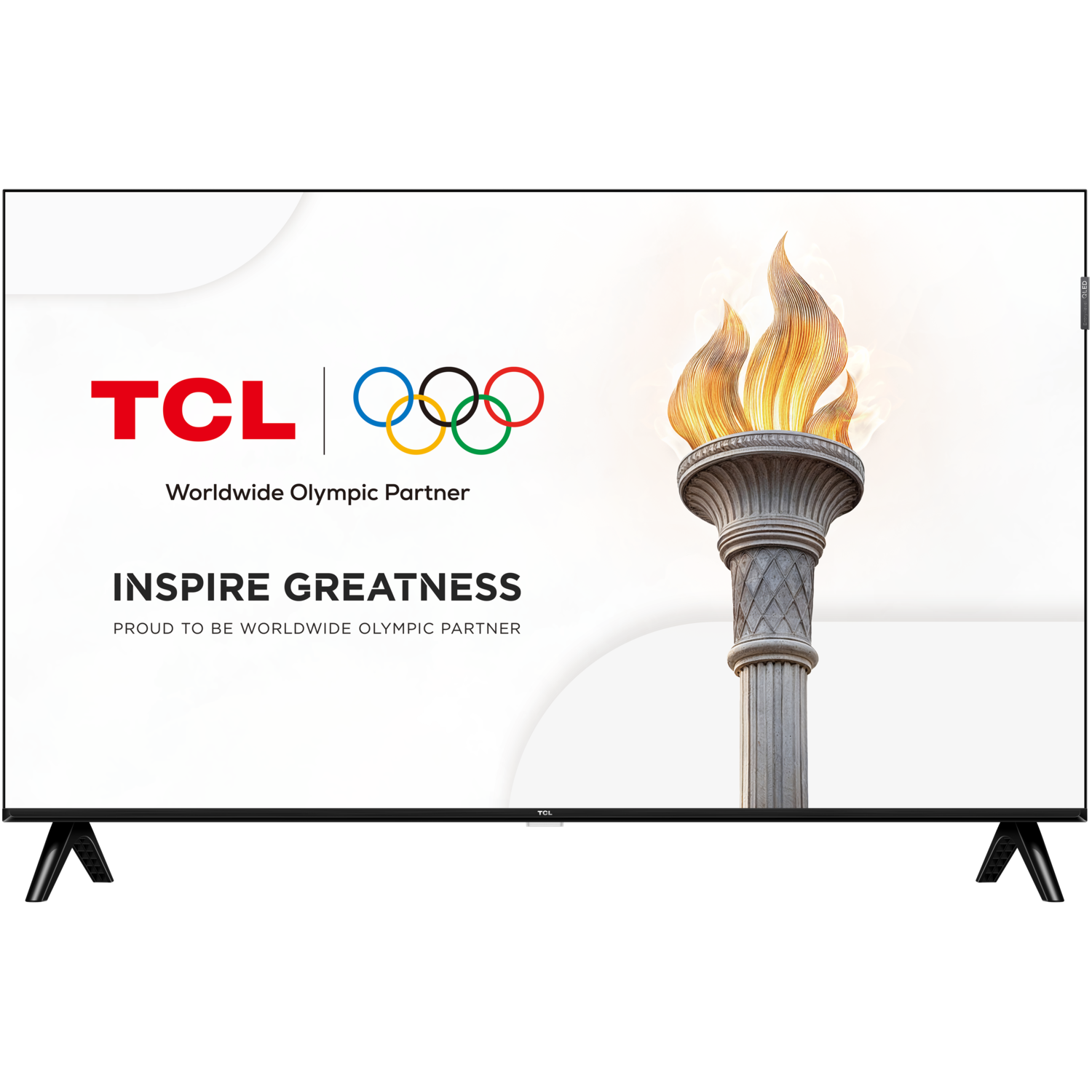 Un écran de télévision TCL affiche les anneaux olympiques, une torche et les mots 'Inspire Greatness'.