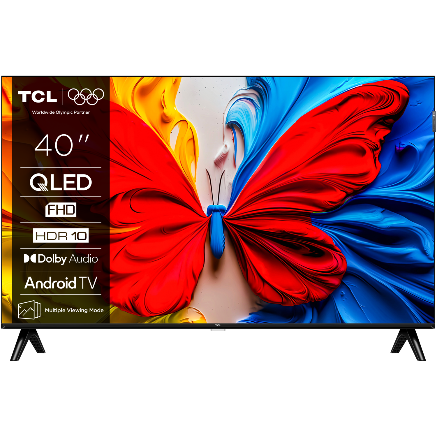 Un téléviseur TCL, 40", QLED, avec un papillon coloré sur l'écran.
