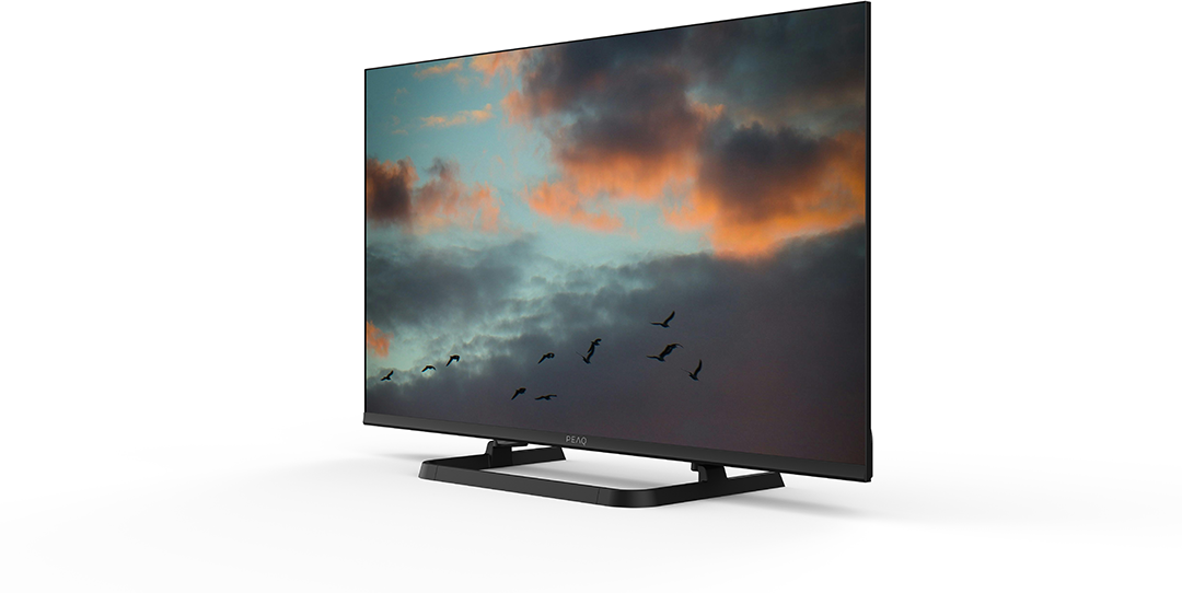 TV képernyő felhős ég háttérrel, madarakkal. A TV fekete. Fehér háttér.
