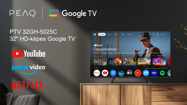 32"-es PEAQ Google TV felülettel, YouTube, Prime Video és Netflix logókkal. Sötét fa szekrény.