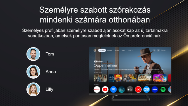 TV képernyő személyre szabott ajánlásokkal. Három profilkép és a tartalom megjelenítése.