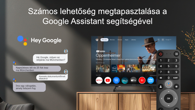 Egy TV képernyő, mely YouTube-ot és más alkalmazásokat jelenít meg. Egy távirányító és Hey Google szövegdobozok láthatók.