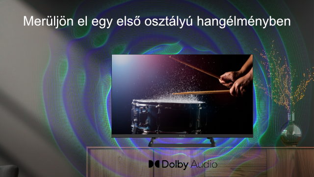 TV képernyő dobbal és dobverőkkel, művészi háttérrel. Dolby Audio logó alul.