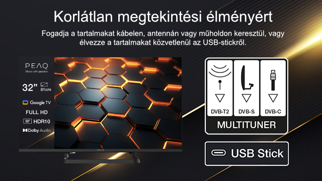 Egy TV képernyő információkkal a funkcióiról és egy USB stickkel.
