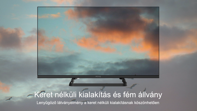 Egy lapos képernyős TV égbolt háttérrel, alul szöveggel.