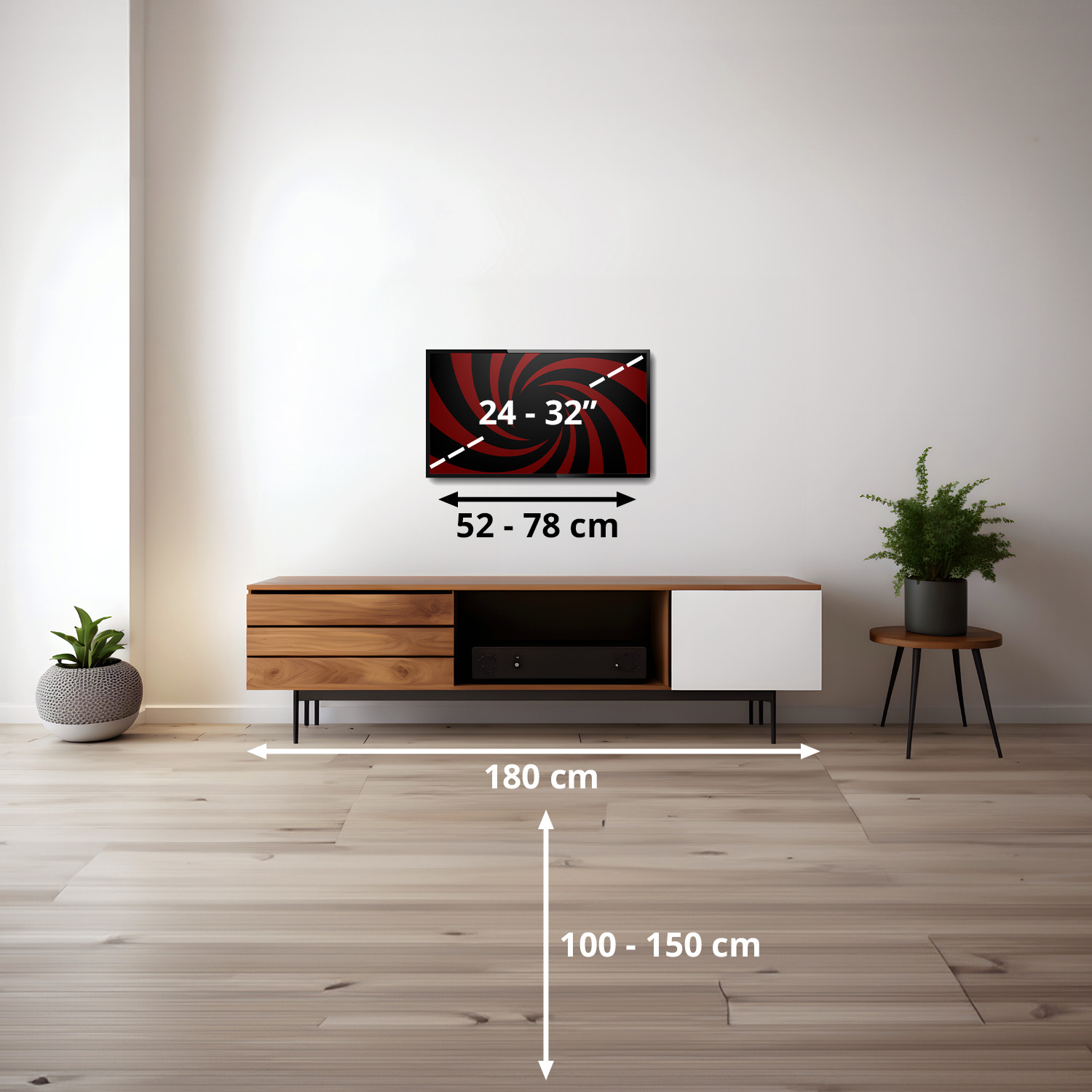 Un téléviseur sur un meuble en bois. L'écran du téléviseur affiche un motif rouge et noir avec des dimensions.