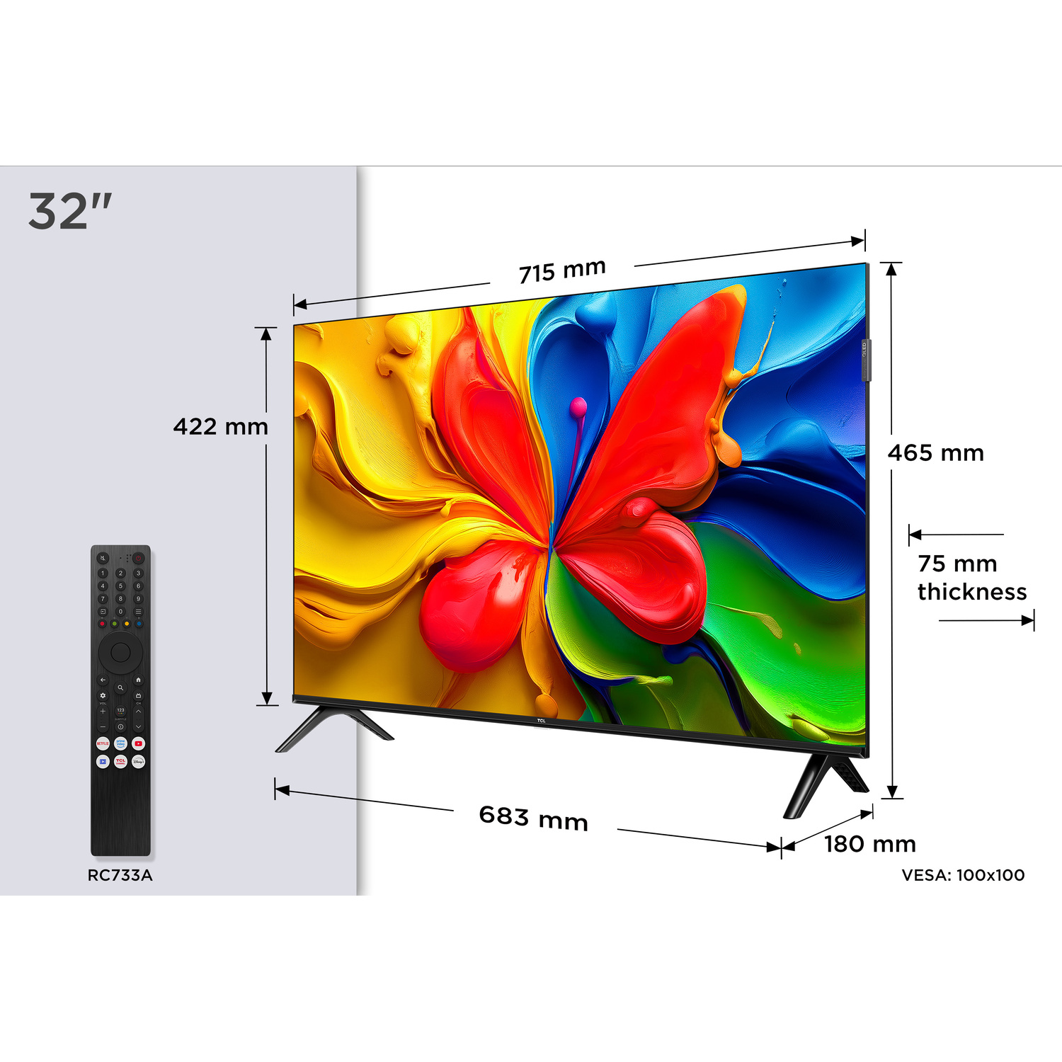 Un téléviseur avec des dimensions et une télécommande sur fond blanc.