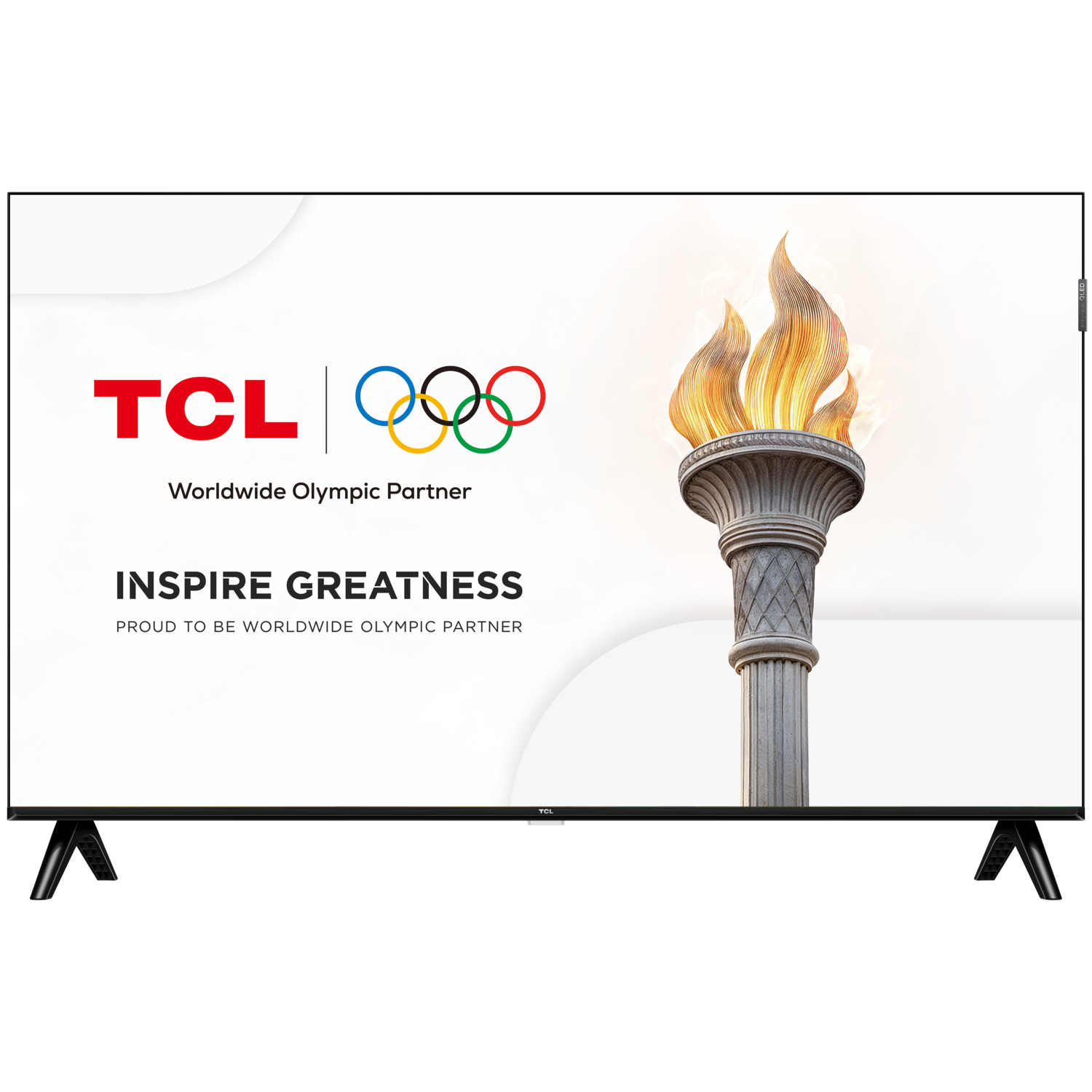 Un écran de télévision avec le logo TCL et les anneaux olympiques. Une torche est allumée, le texte dit "Inspire Greatness".