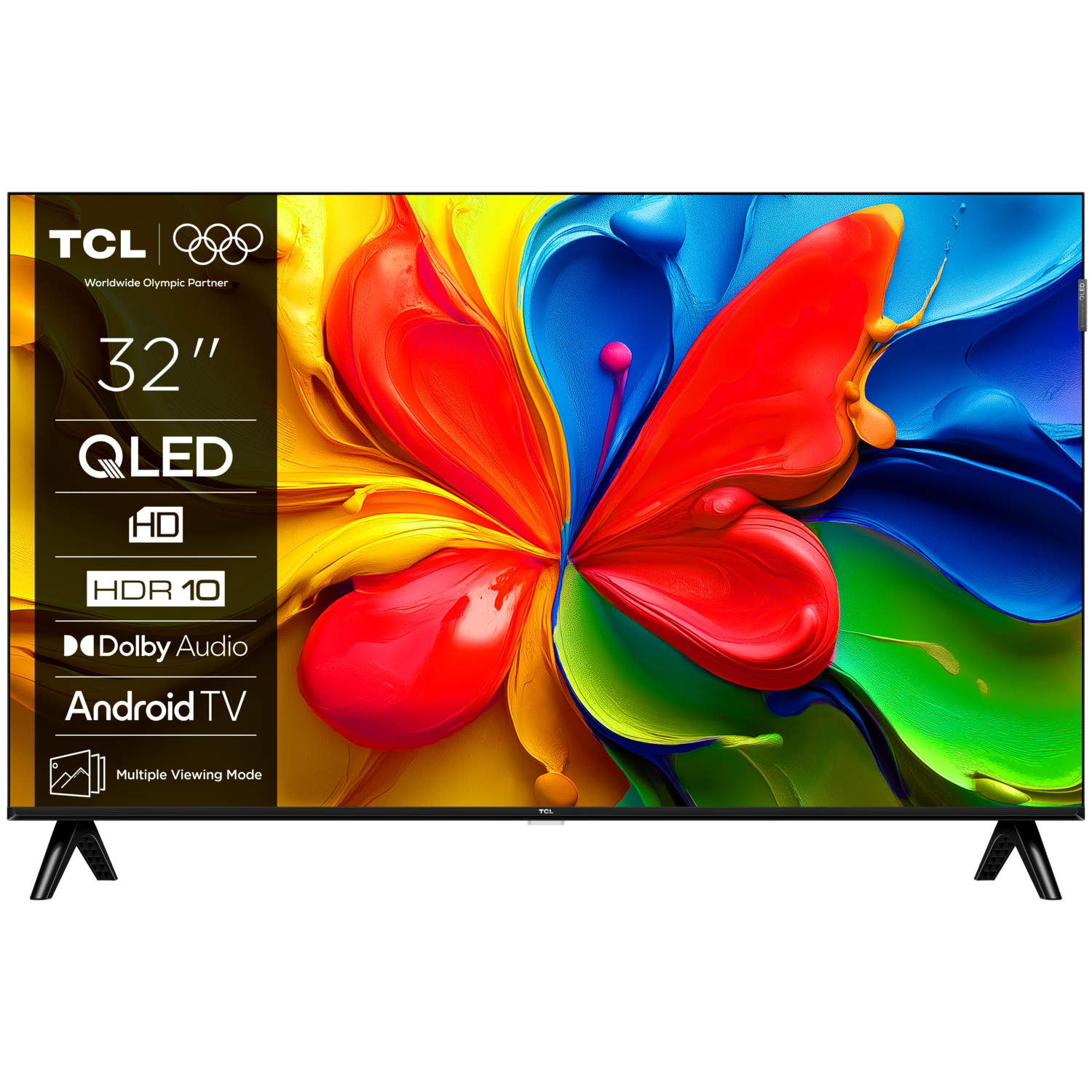 Téléviseur TCL QLED affichant un design abstrait coloré avec un papillon rouge et jaune.