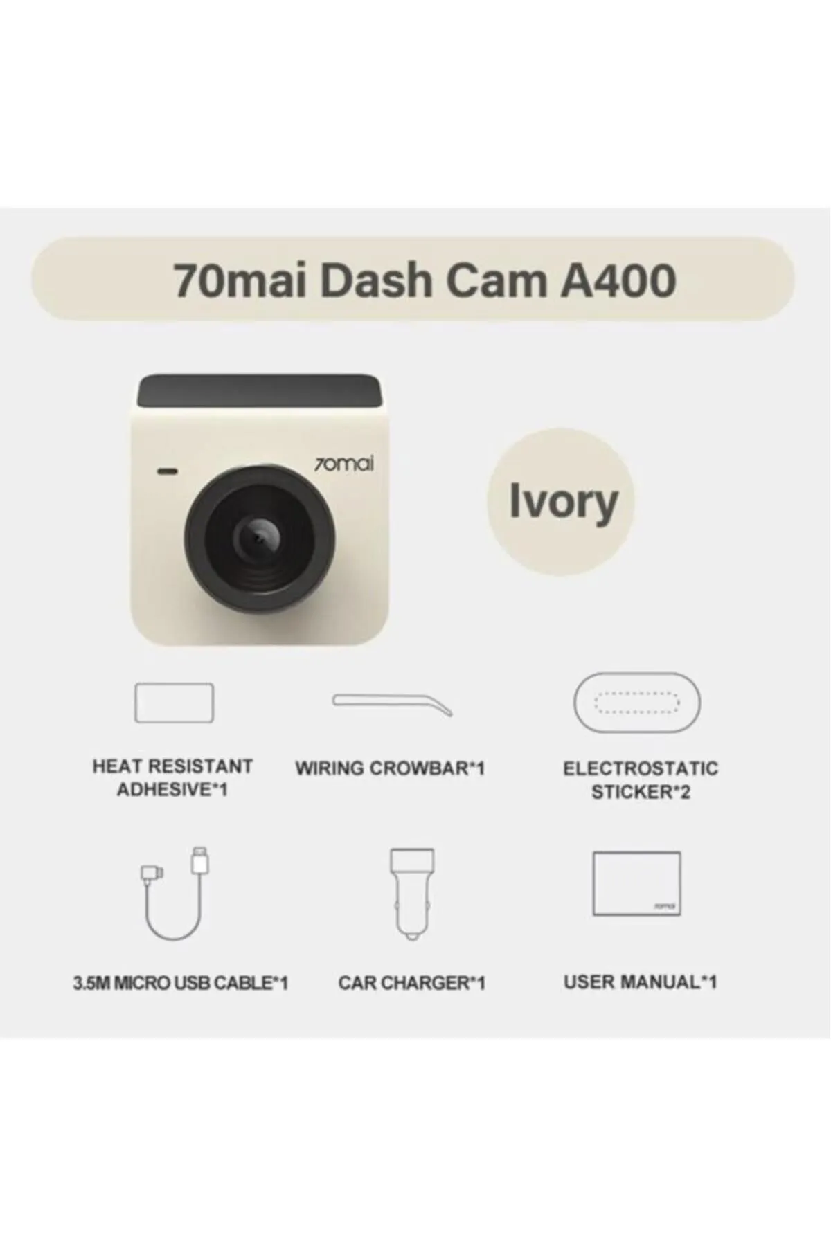 70mai Dash Cam A400, kamera ve kablo dahil aksesuarlarla.