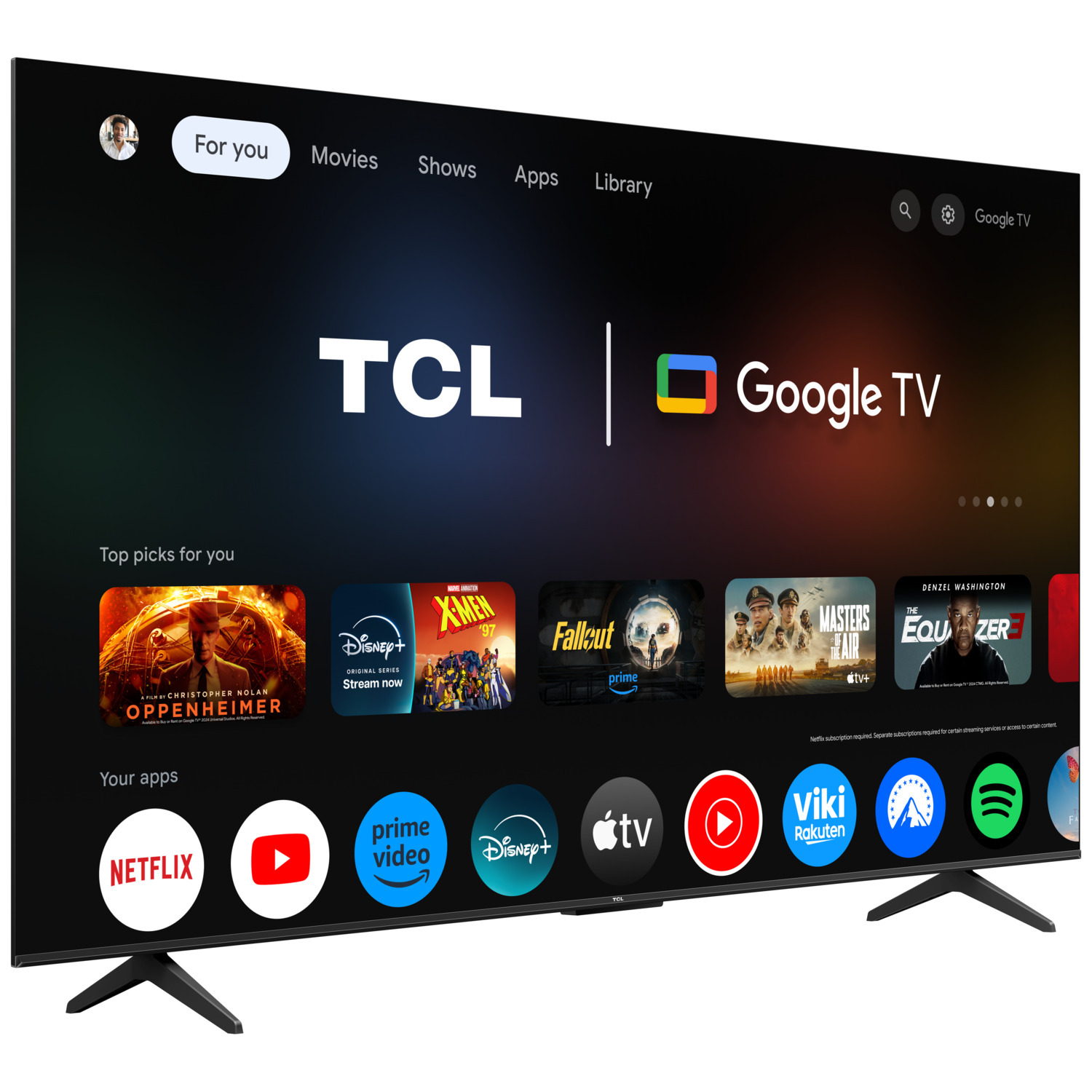 TCL Google TV screen displays apps like Netflix, Prime Video, and Disney+.