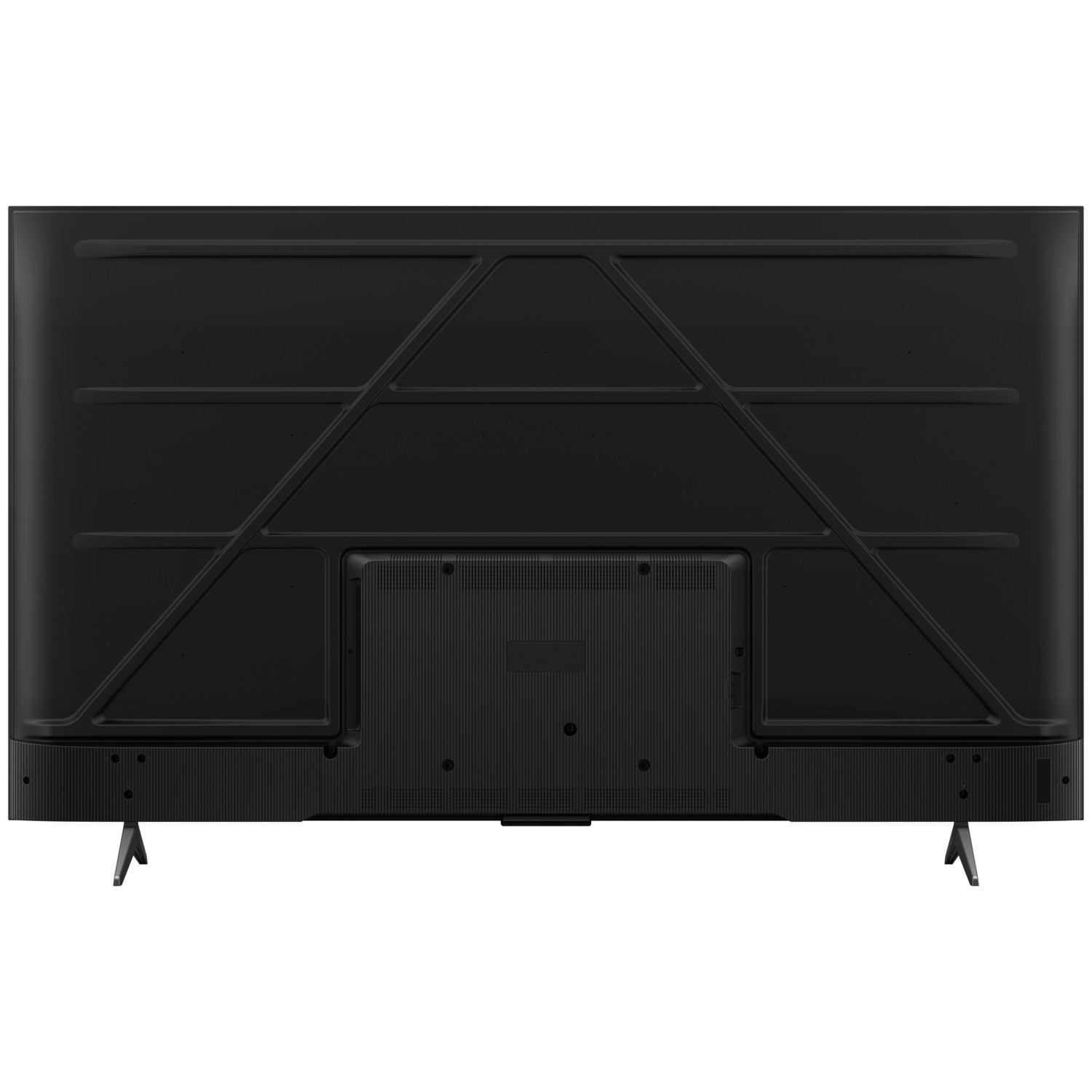 The back of a black TV. It has a grid-like textured back and angled stand legs.