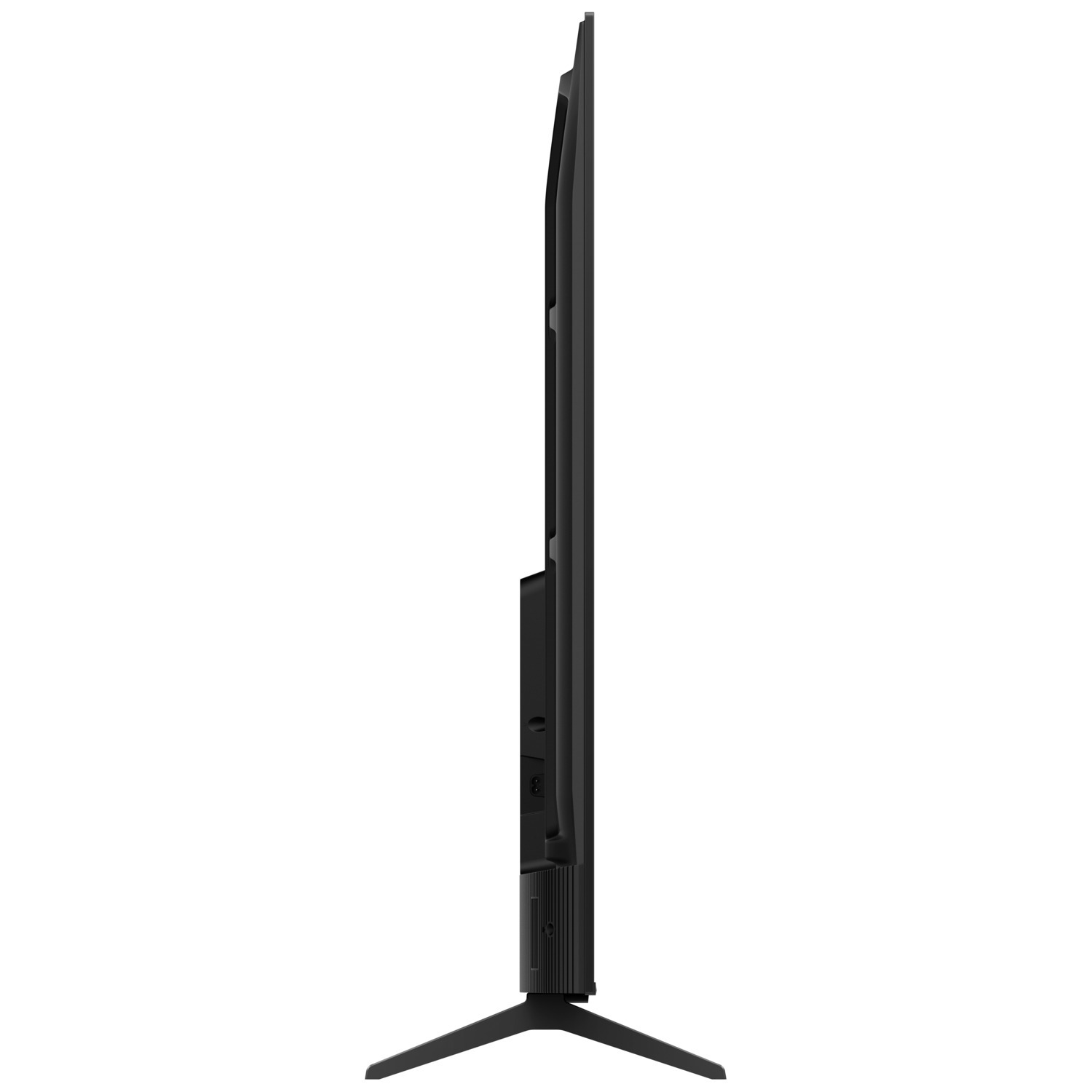 A side view of a TV, black screen, and stand.