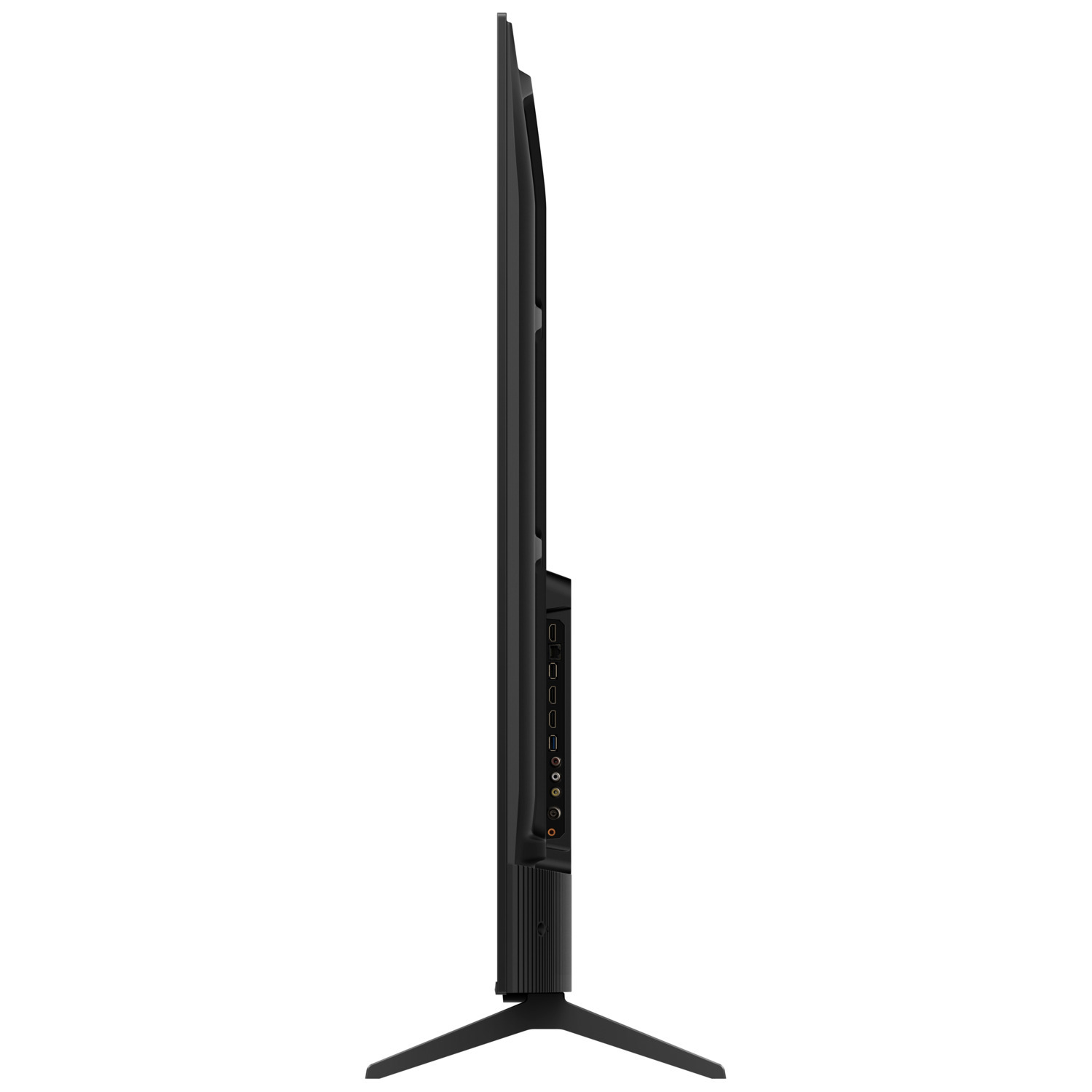A black TV, profile view. Showing the side with ports, a stand, and a slim design.