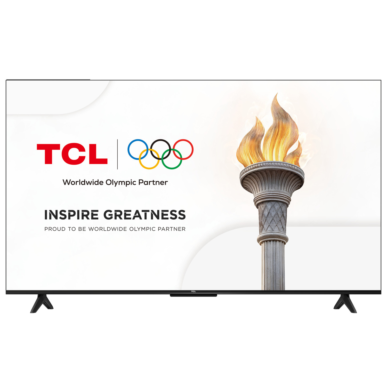 TCL TV with the Olympic rings and torch on the screen, white background.