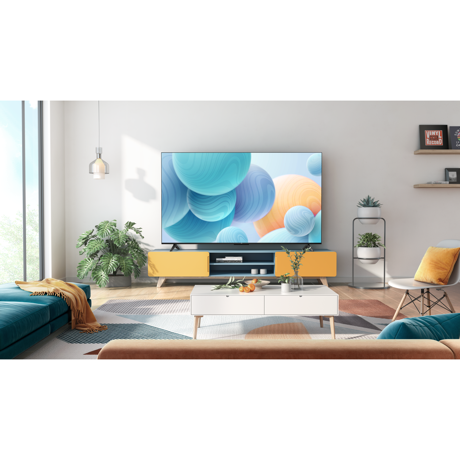 Living room scene with a large TV on a yellow stand, teal couch, and large window.