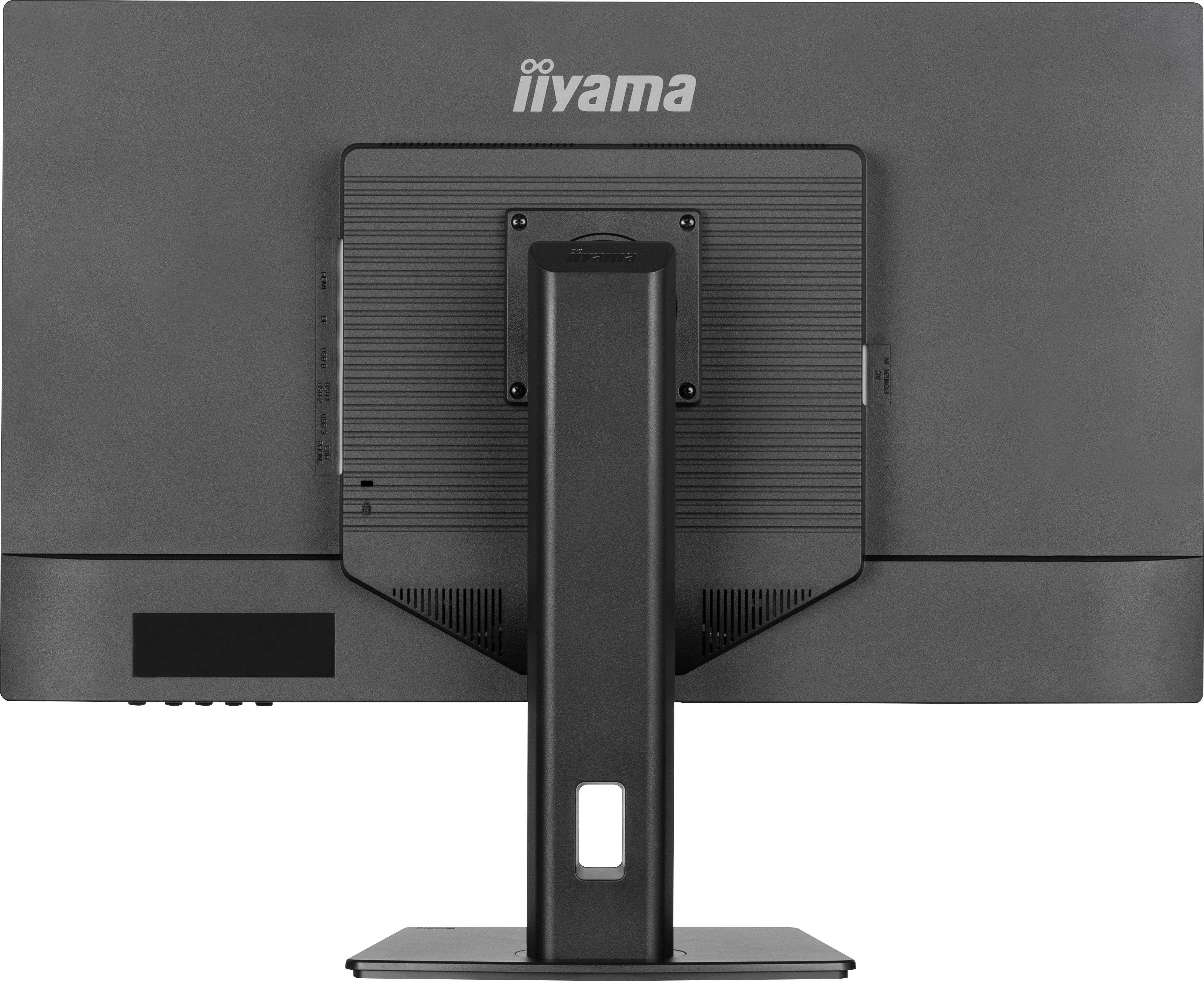 Rückansicht eines schwarzen Computermonitors mit Ständer und iiyama-Logo.
