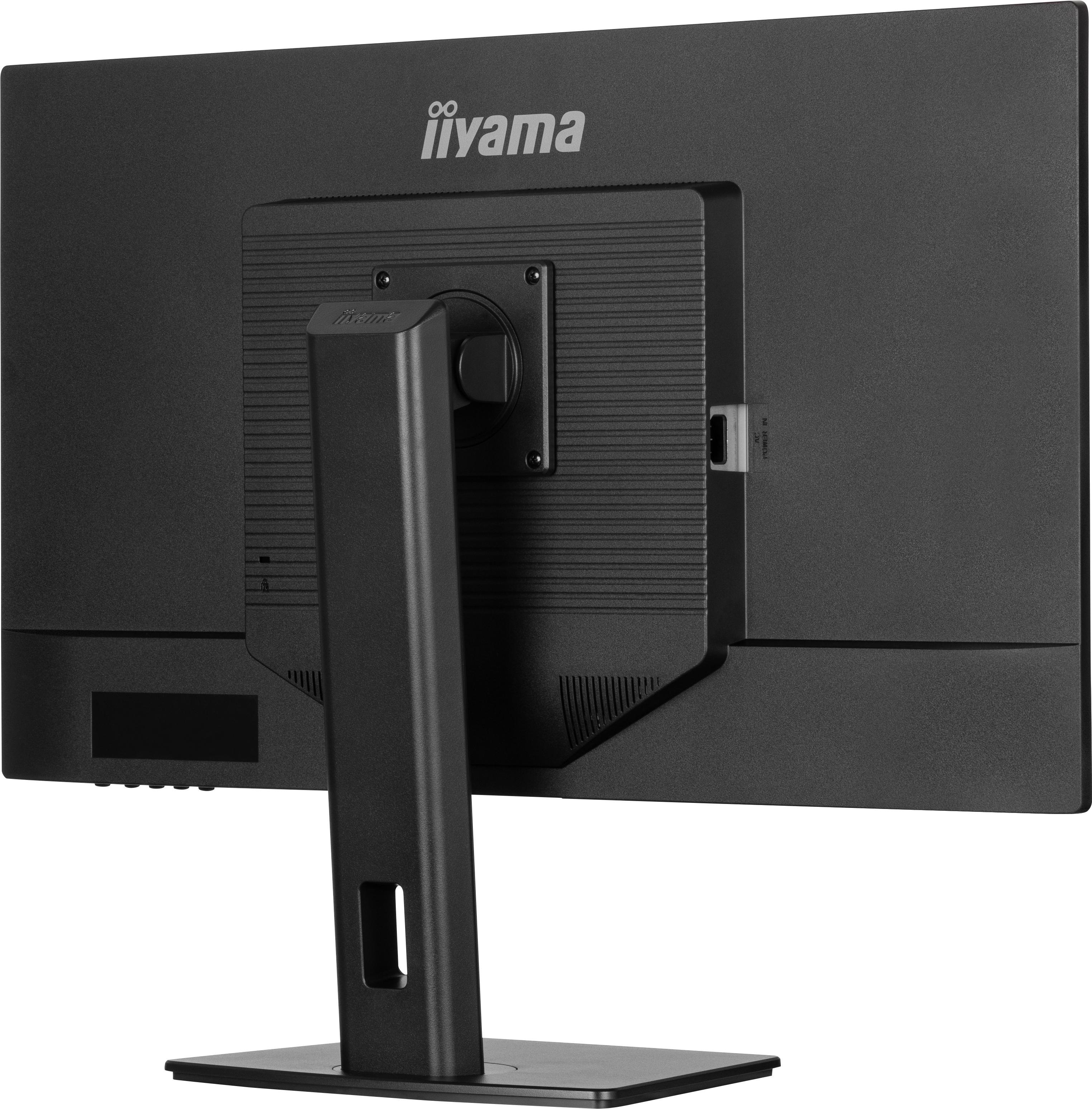 Die Rückseite eines schwarzen Computermonitors mit Ständer. Es gibt einen Anschlussbereich und den Markennamen 'iiyama'.