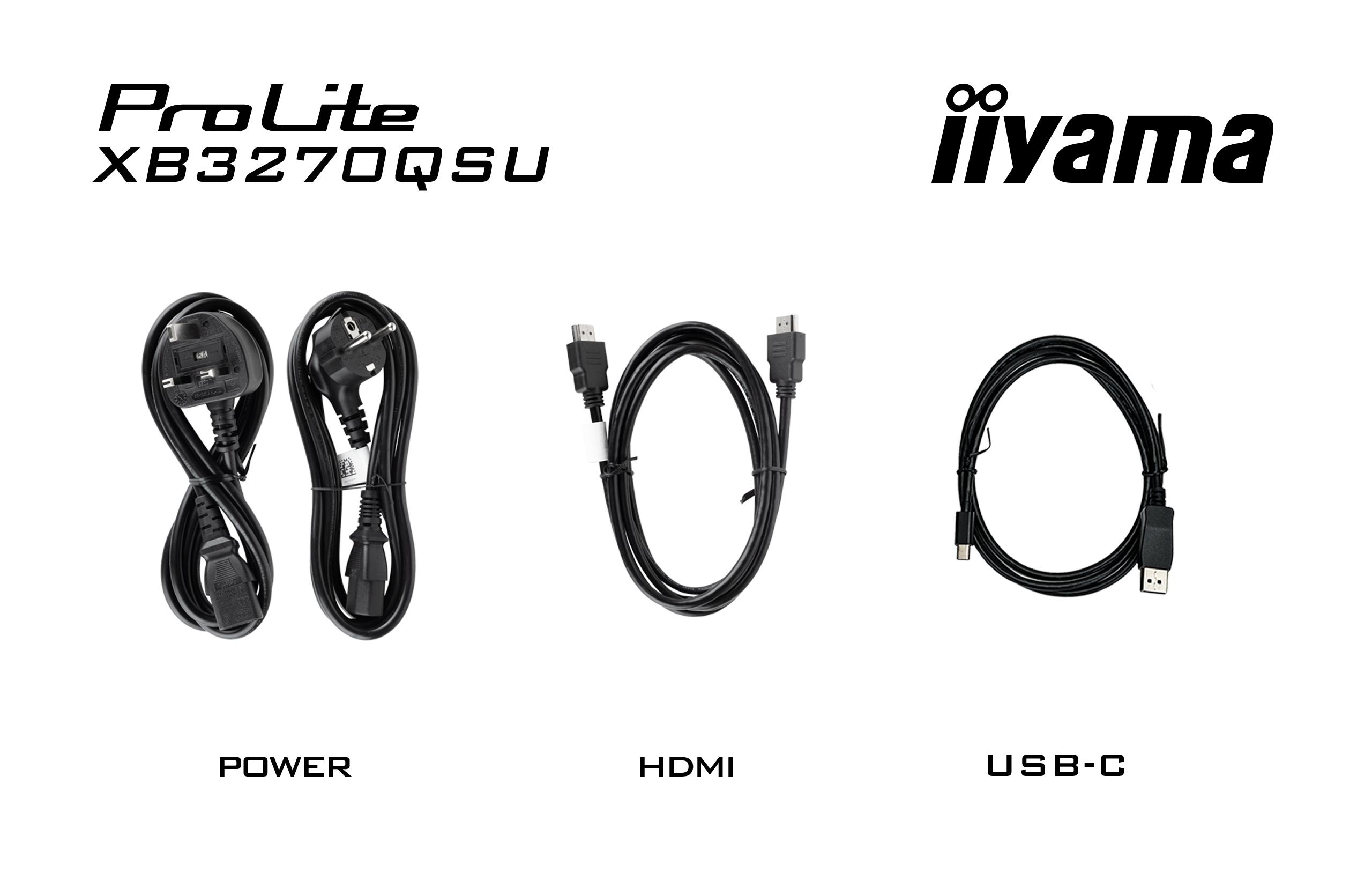 Drei schwarze Kabel: Strom, HDMI und USB-C, mit Produktbeschriftung und Logo auf weißem Hintergrund.
