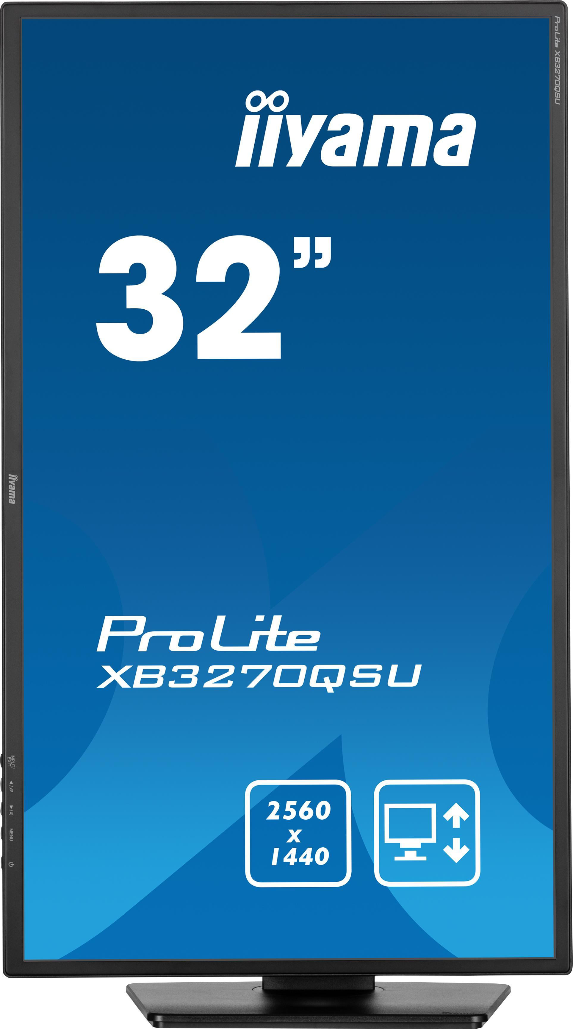 Ein großer 32-Zoll-Computermonitor mit dem Namen 'iiyama'. Hat einen blauen Hintergrund und Spezifikationen.