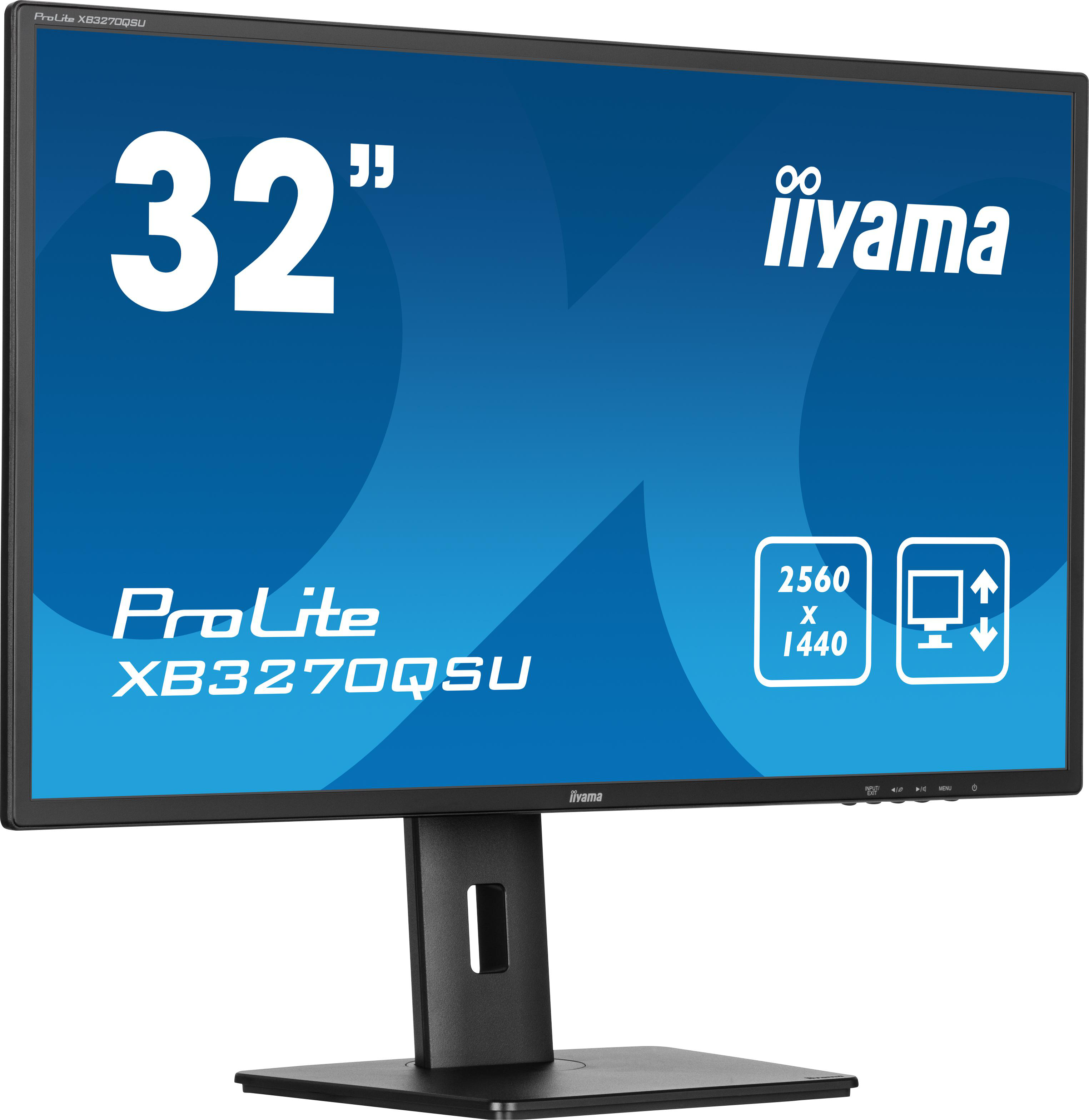 Ein 32-Zoll-iiyama-Monitor mit schwarzem Rahmen. Auf dem Bildschirm steht 'ProLite XB3270QSU'.