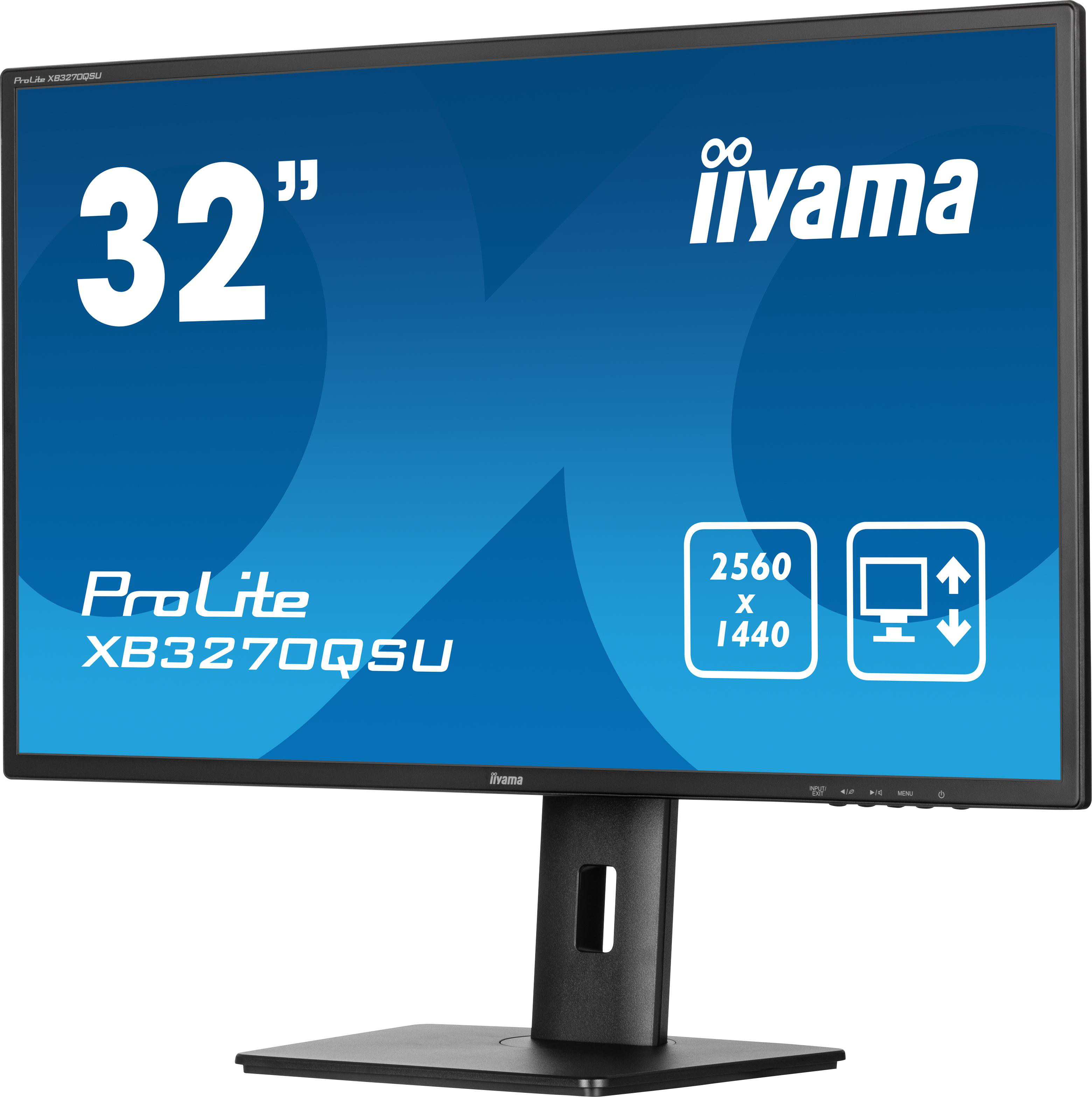 Ein 32-Zoll-Computermonitor mit blauem Hintergrund und Text.