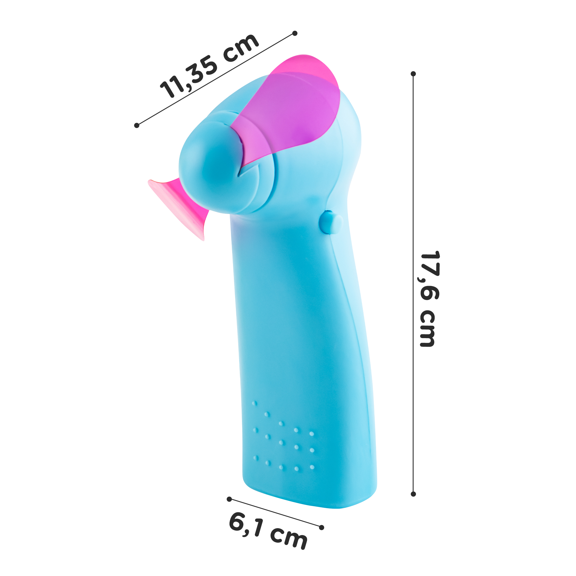 Blauer, rosa und weißer tragbarer Ventilator mit beschrifteten Abmessungen.
