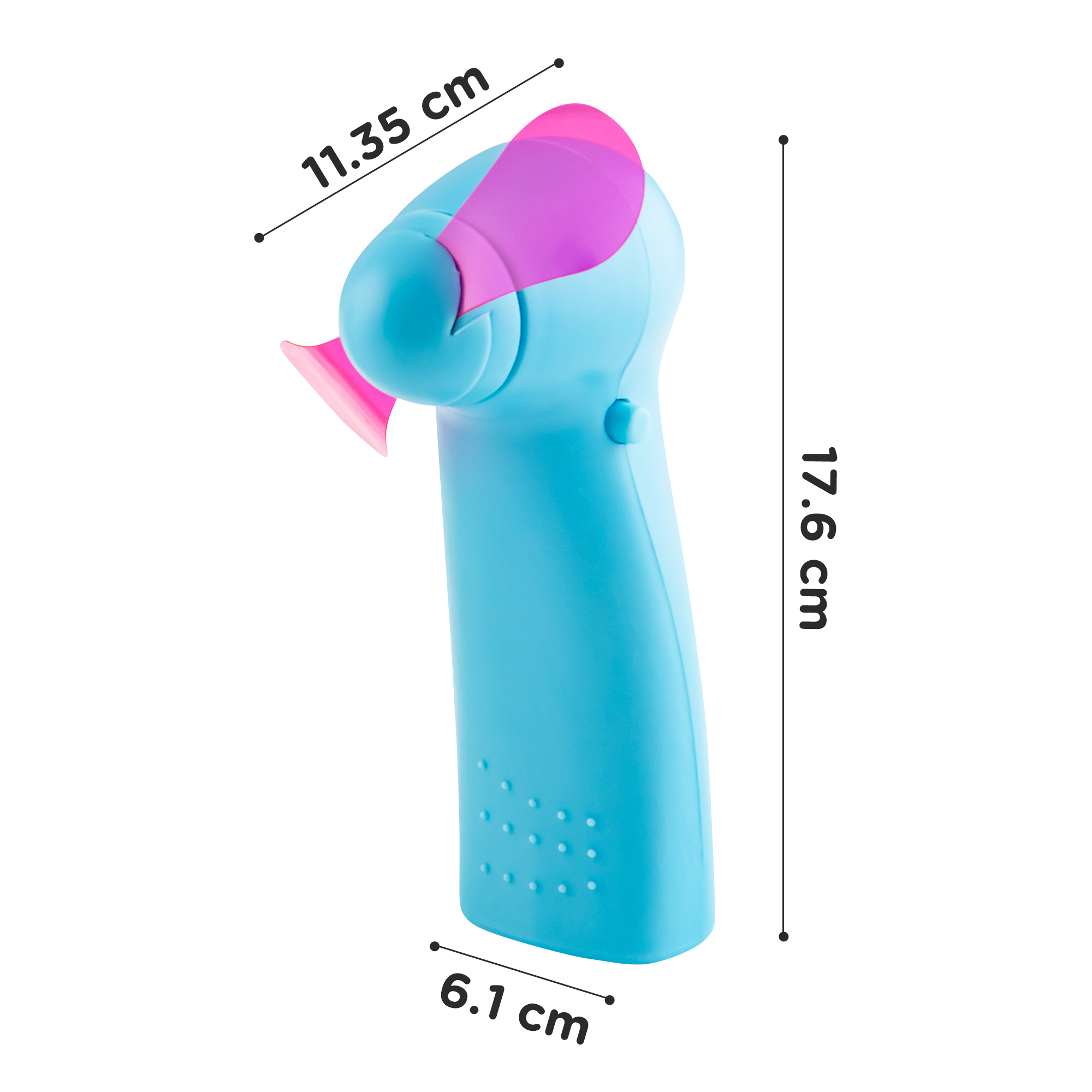 Ein blauer, tragbarer Ventilator. Er hat rosa Propellerblätter und Größenindikatoren.
