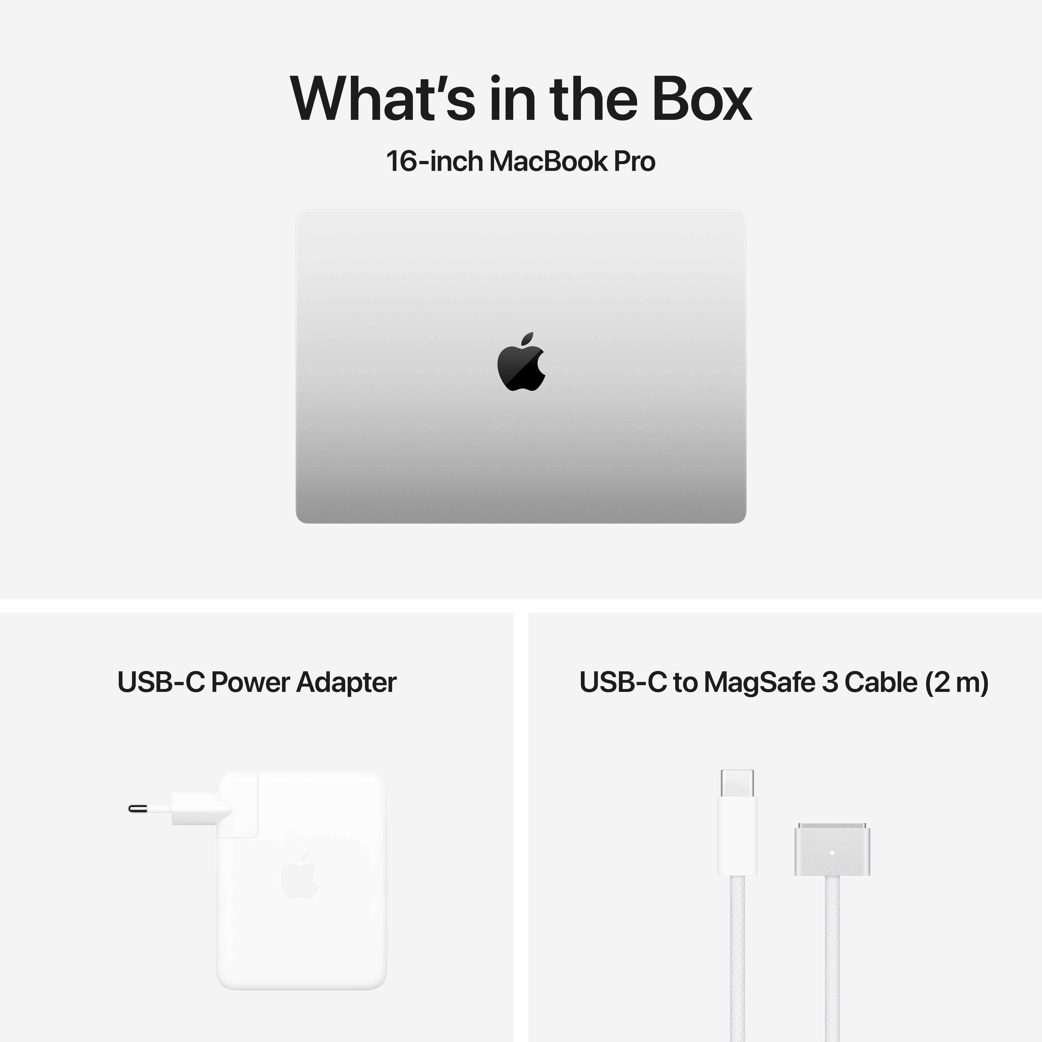 MacBook Pro 16 Zoll mit Netzteil und USB-C-Kabel.